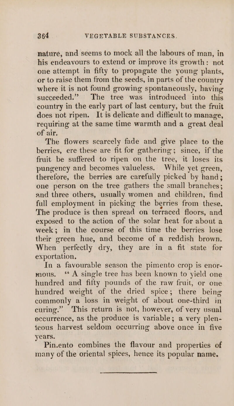 nature, and seems to mock all the labours of man, in his endeavours to extend or improve its growth: not one attempt in fifty to propagate the young plants, or to raise them from the seeds, in parts of the country where it is not found growing spontaneously, having succeeded.” The tree was introduced into this country in the early part of last century, but the fruit does not ripen. It is delicate and difficult to manage, requiring at the same time warmth and a great deal of air. The flowers scarcely fade and give place to the berries, ere these are fit for gathering; since, if the fruit be suffered to ripen on the tree, it loses its pungency and becomes valueless. While yet green, therefore, the berries are carefully picked by hand; one person on the tree gathers the small branches; and three others, usually women and children, find full employment in picking the berries from these. The produce is then spread on terraced floors, and exposed to the action of the solar heat for about a week; in the course of this time the berries lose their green hue, and become of a reddish brown. When perfectly dry, they are in a fit state for exportation. In a favourable season the pimento crop is enor- mous. ‘* A single tree has been known to yield one hundred and fifty pounds of the raw fruit, or one hundred weight of the dried spice; there being commonly a loss in weight of about one-third in curing.” This return is not, however, of very usual occurrence, as the produce is variable; a very plen- icous harvest seldom occurring above once in five years. Pin.ento combines the flavour and properties of many of the oriental spices, hence its popular name.