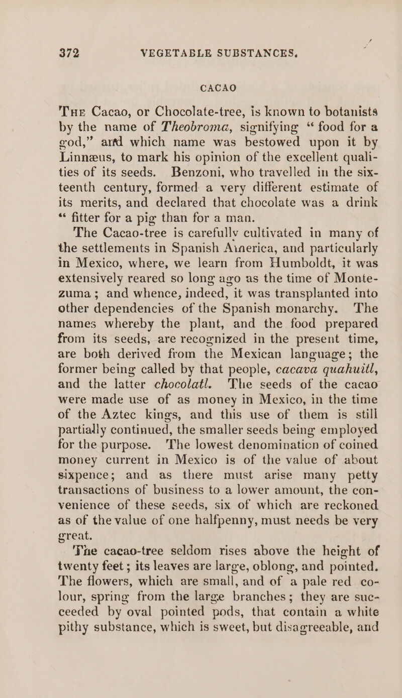 CACAO Tue Cacao, or Chocolate-tree, is known to botanists by the name of Theobroma, signifying “ food for a god,” artd which name was bestowed upon it by Linneus, to mark his opinion of the excellent quali- ties of its seeds. Benzoni, who travelled in the six- teenth century, formed a very different estimate of its merits, and declared that chocolate was a drink ‘* fitter for a pig than for a man. The Cacao-tree is carefully cultivated in many of the settlements in Spanish Ainerica, and particularly in Mexico, where, we learn from Humboldt, it was extensively reared so long ago as the time of Monte- zuma; and whence, indeed, it was transplanted into other dependencies of the Spanish monarchy. The names whereby the plant, and the food prepared from its seeds, are recognized in the present time, are both derived from the Mexican language; the former being called by that people, cacava quahuitl, and the latter chocolatl. The seeds of the cacao were made use of as money in Mexico, in the time of the Aztec kings, and this use of them is still partially continued, the smaller seeds being employed for the purpose. The lowest denomination of coined money current in Mexico is of the value of about sixpence; and as there must arise many petty transactions of business to a lower amount, the con- venience of these seeds, six of which are reckoned as of the value of one halfpenny, must needs be very great. Te cacao-tree seldom rises above the height of twenty feet ; its leaves are large, oblong, and pointed. The flowers, which are small, and of a pale red co- lour, spring from the large branches; they are suc- ceeded by oval pointed pods, that contain a white pithy substance, which is sweet, but disagreeable, and