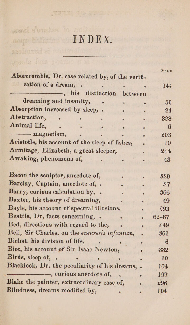 INDEX. Abercrombie, Dr, case related by, of the verifi- cation of adream, . : » his divtinedan ataton dreaming and insanity, . . . Absorption increased by sleep, . . ° Abstraction, : A 5 ° 3 Animal life, ; . 4 : A magnetism, , . . . Aristotle, his account of the sleep of fishes, _. Armitage, Elizabeth, a great sleeper, Awaking, phenomena of, : : . Bacon the sculptor, anecdote of, a fe Barclay, Captain, anecdote of, . : é Barry, curious calculation by, . : ‘ Baxter, his theory of dreaming, . ‘. Bayle, his account of spectral illusions, : Beattie, Dr, facts concerning, . 2 4 Bed, directions with regard to the, _. ; Bell, Sir Charles, on the eneuresis infantum, . Bichat, his division of life, ; Sel é Biot, his account of Sir Isaac Newton, A Birds, sleep of, . . : é Blacklock, Dr, the peculiarity of his dreams, . —, curious anecdote of, . . Blake the painter, extraordinary case of, ° Blindness, dreams modified by, . . PAGE