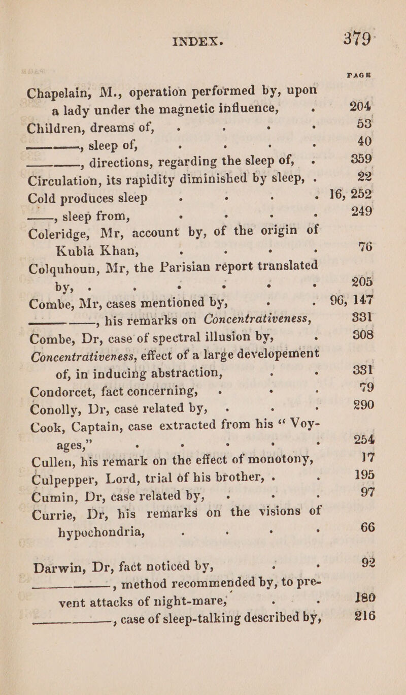 Chapelain, M., operation performed by, upon a lady under the magnetic influence, . Children, dreams of, . : : 4 ———-=—, sleep of, : . . ___—_., directions, regarding the sleep of, . Circulation, its rapidity diminished by sleep, . Cold produces sleep ° : : : , sleep from, . : : ° Coleridge, Mr, account by, of the origin of Kubla Khan, ; : ; Colquhoun, Mr, the Parisian report translated by, - . ° e . Combe, Mr, cases y qnstitibna by, A ——, his remarks on Concentrativeness, Combe, Dr, case of spectral illusion by, Concentrativeness, effect of a large developement of, in inducing abstraction, : : Condorcet, fact concerning, . : Conolly, Dr, casé related by, : Cook, Captain, case extracted from his ‘ Voy- ages,” : ‘ : f Cullen, his seididie on the effect of monotony, Culpepper, Lord, trial of his brother, . Cumin, Dr, case related by, - . Currie, Dr, his remarks on the visions of hypochondria, : } : : Darwin, Dr, fact noticed by, : : , method recommended by, to pre- vent attacks of night-mare, ‘ : , case of sleep-talking descr ibed by, 379° 204 180 216