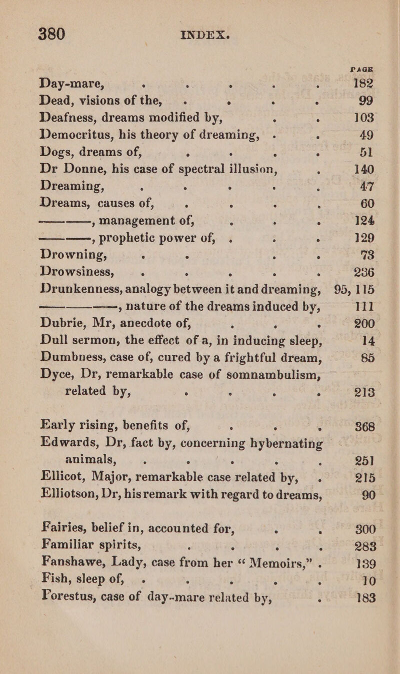 Day-mare, : : : Dead, visions of the, . ‘ A A Deafness, dreams modified by, 5 . Democritus, his theory of dreaming, . . Dogs, dreams of, A . 4 5 Dr Donne, his case of spectral illusion, Dreaming, 5 . . : Dreams, causes of, ‘ ¢ : ———_——-, management of, 4 . . ————-, prophetic power of, . ° : Drowning, : ° : . Drowsiness, 5 ‘ ‘ ; Drunkenness, analogy between it and dreaming, —_——__——-, nature of the dreams induced by, Dubrie, Mr, anecdote of, ; : : Dull sermon, the effect of a, in inducing sleep, Dumbness, case of, cured by a frightful dream, Dyce, Dr, remarkable case of somnambulism, related by, . : . . Early rising, benefits of, : : : Edwards, Dr, fact by, concerning hybernating animals, 4 . . - ; Ellicot, Major, remarkable case related by, . Elliotson, Dr, hisremark with regard to dreams, Fairies, belief in, accounted for, Familiar spirits, : : : Fanshawe, Lady, case from her “ Memoirs,” . Fish, sleep of, . ‘ : . : Forestus, case of day-mare related by, e ®