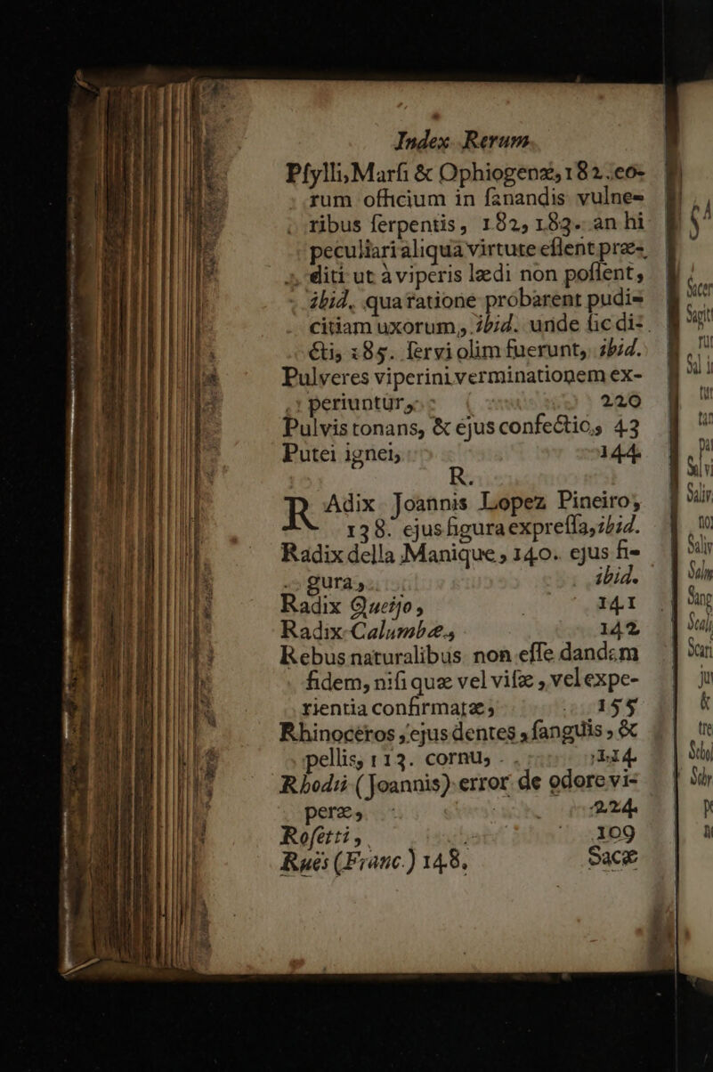 Mrs Rerum Píylli; Marfi &amp; Ophiogenz,182..co- rum officium in fanandis vulne- periuntur s. 220 Pulvis tonans, &amp; ejus confectio, 4.3 Putei ignei i 144. R Adix Joannis. Lopez Pineiro; 138. ejus figuraexpreffa,;/;4. -; gura. ibid. Radix Queijo,; | I4I Radix-Calumb., 142, Rebus naturalibus. non effe dandam fidem, nifi quz vel vif , velexpe- rientia confirmata; 00155 Rhinoceéros , ejus dentes » fanguis ; &amp;€ ellis; 113. cornus . . i4 Rhodii ( Joannis): error. de edore vi- perzs | 224. Rofetti , yat 109 Raés (Franc.) 148. Sace