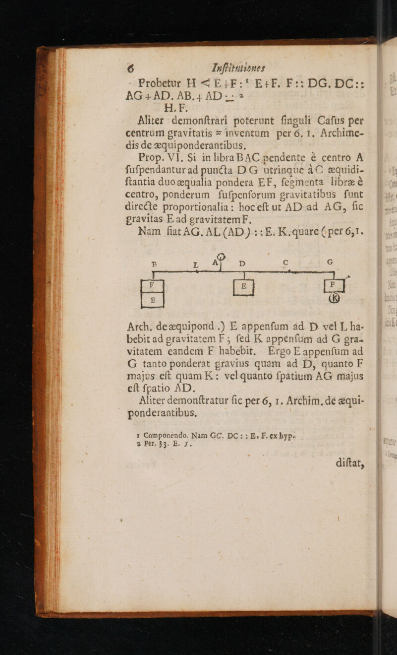 Probetur H «&amp; E4F:* E:F. F:: DG. DC:: AG 4 AD. AB. AD S e H.F. Aliter; demonftrari poterunt finguli Cafus per centrum gravitatis inventum per 6. t. Archime- dis de zquiponderanti bus, Prop. VI. Si inlibraBAC pendente [ centro À fufpendantur ad puncta D G utrinque à C equidi- ftantia duozequalia pondera EF, feginenta libre é centro, ponderum fufpenforum gravitatibus iro directe proportionalia: hoceft ut AD. ad. AG, fic gravitas E ad gravitatem F. Nam fiat AG, AL (AD): : E. K:quare (per 6,1. D 2 T i a [T Arch. deequipond .) E a appenfum ad. D. vel L ha- bebit ad gravitatem F ; ; fed K appenfüm ad G gra- vitatem eandem F hab bit. Ergo E appenfum ad G tanto ponderat gravius quam ad D, quanto F majus eft quam K : vel quanto fpatium AG majus e(t fpatio AD. Aliter demonftratur fic per 6, 1. Archim, dé equi- ponderantibus. I Componendo. Nam GC. DC : : E. F. ex hyp. 2 Per. 33. B. j. cT