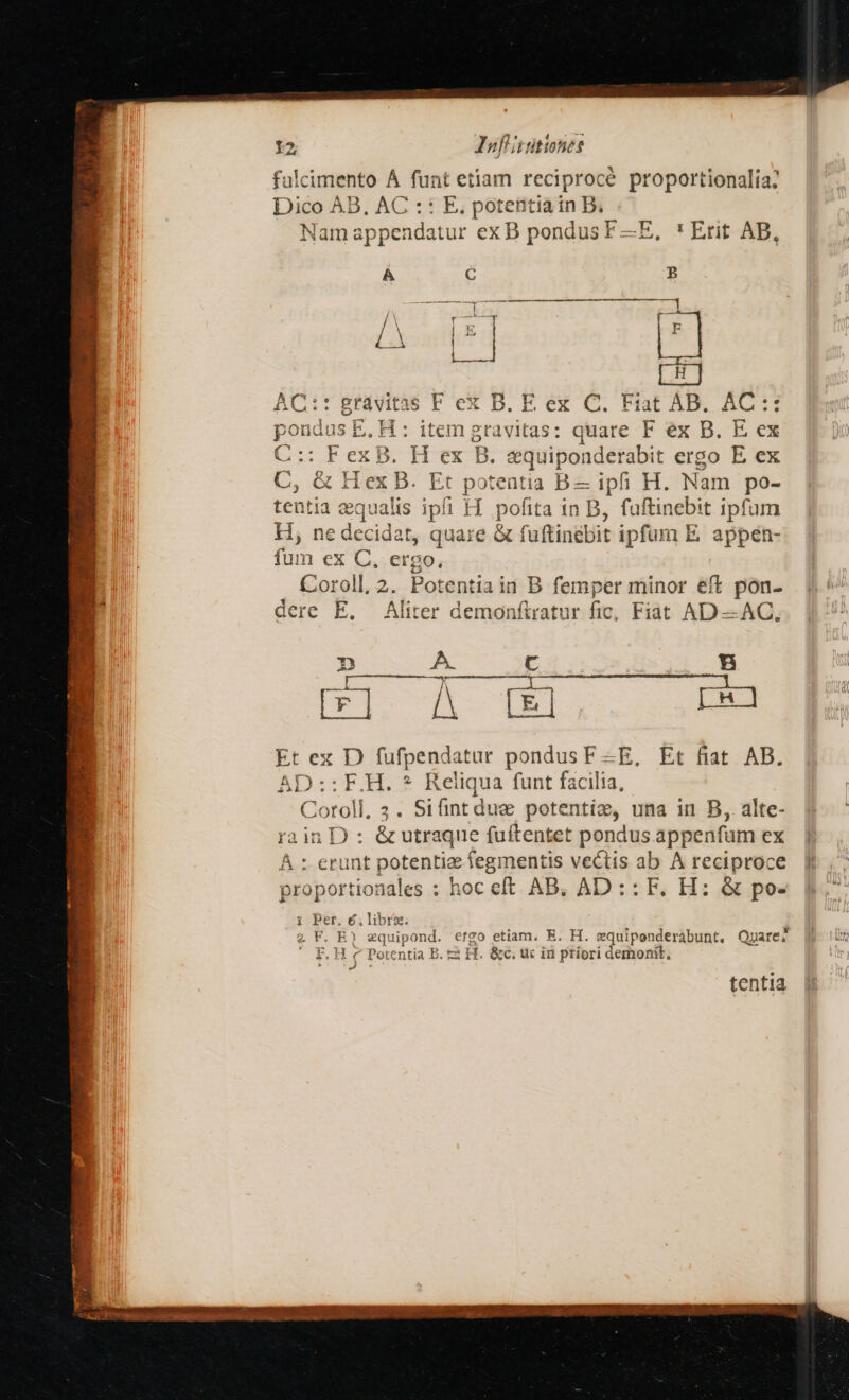 fulcimento À E etiam reciprocé proportionalía: Dus AB, AC :: E. potentia in B. Nam M enstut ex B pondus F—E, ' Erit AB, Á C B Nap To oen Lu UT | — AC:: gravitas F ex t B. E ex CQ. Hat AB. AG 11 pondus EH: item gravitas: quare F ex B. E ex SEDE R4: meme i3 equiponderabit ergo E ex C, &amp; Hex B. Et potentia B« ipfi H. Nam po- tentia ri alis ipi H. pofita in B, fuftinebit ipfum H, nedecidat, quare &amp; fuftinébit i ipfum E, appen- fum ex C, ergo, Coroll, 2. Potentiain B femper minor eft pon- dere E. Aliter demonftratur fic, Fiat AD—AC, Et ex D fofpendatar pondusF -E, Et fiat AB. AD :: F.H. * Reliqua funt facilia Cx roll. 2; 5i int duc potentiz, una in B, alte- rainD: &amp; utraque fuftentet pondus appenfüm ex A : erunt potentie Teganane vectis ab A reciproce proportio: jales : hoc eft AB, AD: ^d H: « po. tentia