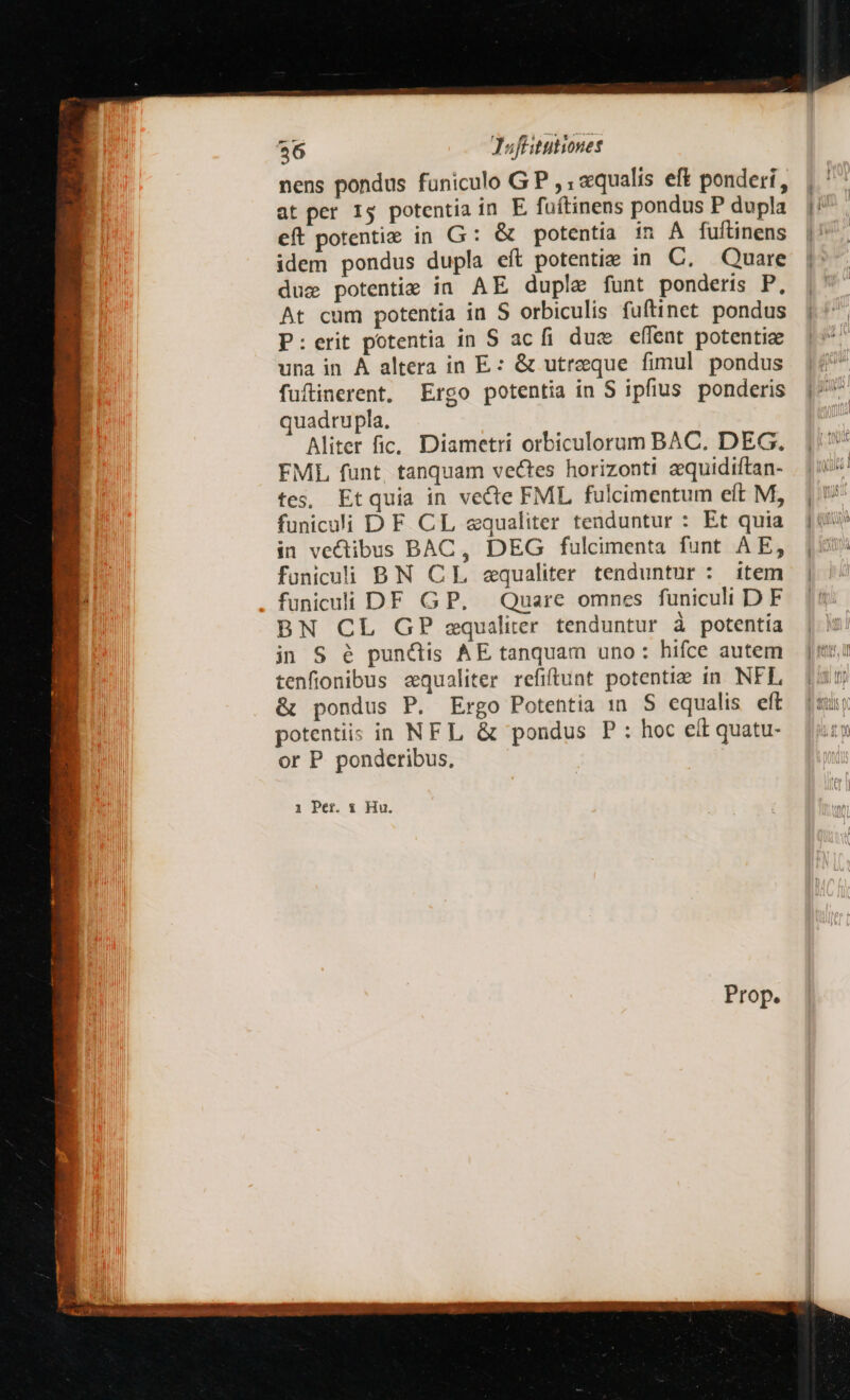 26 Jufhitutiones nens pondus funiculo G P , , equalis eft ponderi, at per 15 potentia in E fuítinens pondus P dupla eft potentie in G: &amp; potentia in À fuftinens idem pondus dupla eft potentie in C. Quare duc potentie in AE duple funt ponderis P, At cum potentia in S orbiculis fuftinet pondus P:erit potentia in S acfi due effent potenti una in ÁÀ altera in E: &amp; utreque fimul pondus fufinerent, Ergo potentia in S ipfius ponderis quadrupla. Aliter fic, Diametri orbiculorum BAC. DEG. FML funt. tanquam vectes horizonti aquidiftan- tes, Etquia in vecte FML fulcimentum eft M, funiculi D F CL equaliter tenduntur : Et quia in vectibus BAC, DEG fulcimenta funt AE, foniculi BN CL «equaliter tenduntur : item funicui DF GP. Quare omnes funiculi DF BN CL GP equaliter. tenduntur à potentia in S &amp; punctis AE tanquam uno: hifce autem tenfionibus equaliter refiftunt potentie in NFL, &amp; pondus P. Ergo Potentia :m S equalis eft potentiis in NFL &amp; pondus P : hoc eít quatu- or P ponderibus, i Per. 1 Hu. E r1