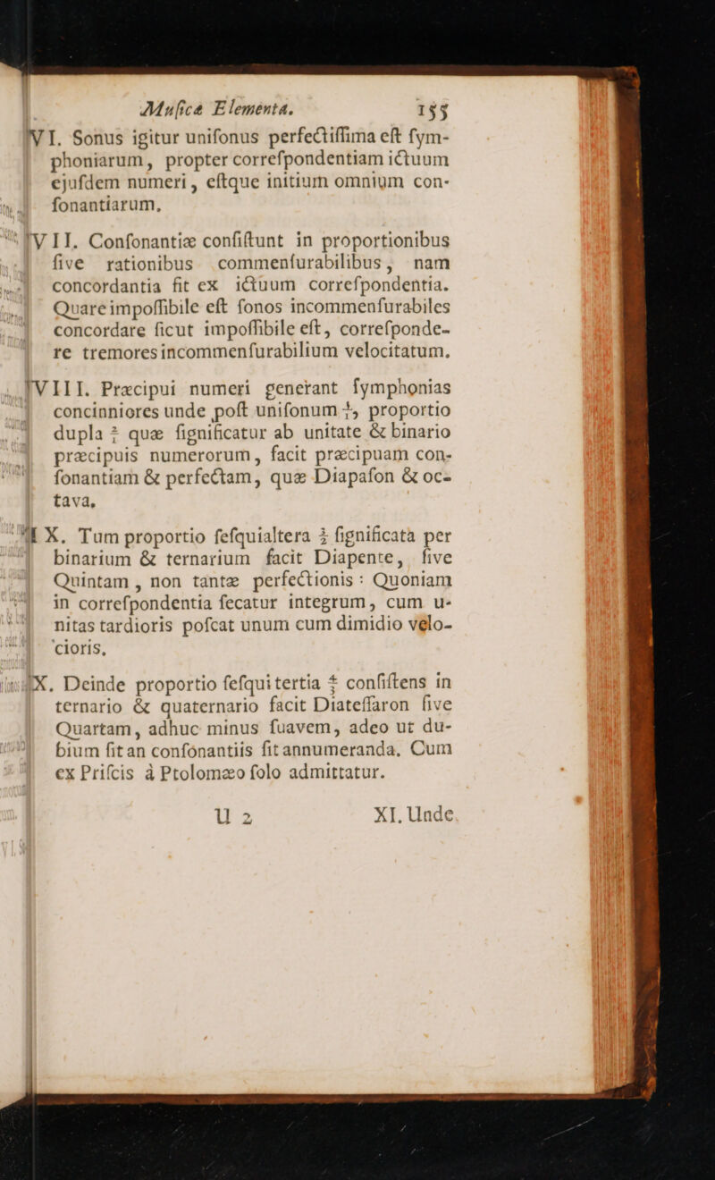 phoniarum, propter correfpondentiam ictuum ejufdem numeri, eftque inttium omnium con- fonanttarum, five rationibus commenfurabilibus, | nam concordantia fit ex 1ctuum correfpondentia. Quareimpoffibile eft fonos incommenfurabiles concordare ficut impoffibile eft) correfponde- re tremoresincommenfurabilium velocitatum. concinniores unde poft unifonum 1, proportio dupla 4 qua fignificatur ab unitate &amp; binario praecipuis numerorum, facit praecipuam con- fonantiam &amp; perfectam, qu&amp; Diapafon &amp; oc- tava, binarium &amp; ternarium facit Diapente, five Quintam , non tante perfectionis : Quoniam in correfpondentia fecatur integrum , cum u- nitas tardioris pofcat unum cum dimidio velo- cioris, ternario &amp; quaternario facit Diateffaron five Quartam, adhuc minus fuavem, adeo ut du- bium fitan confonantiis fitannumeraada, Cum ex Prifcis à Ptolomaeo folo admittatur. lla XI. Unde PR T dx dence ipe as d^