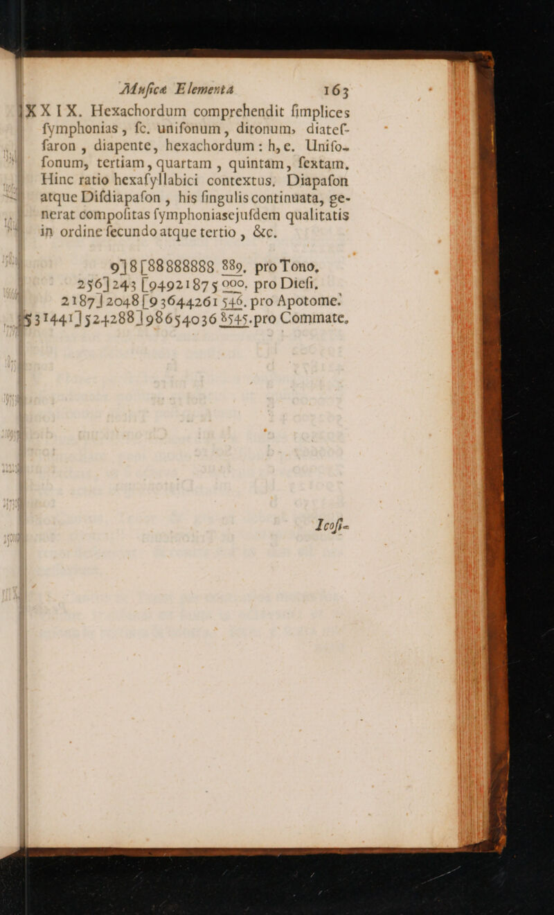 IX XIX. Hexachordum comprehendit fimplices fymphonias , fc. unifonum, ditonum, diatef- faron , diapente, hexachordum : h, e. linifo- fonum, tertiam , quartam , quintam, fextam, Hinc ratio hexafyllabici contextus, Diapafon atque Difdiapafon , his fingulis continuata, ge- nerat compofitas fymphoniasejufdem qualitatis in ordine fecundoatque tertio , &amp;c. 918[88888888 889, pro Tono, 2561243 [9492187 5 000. pro Diefi, 2187 12048[9 3644261 546. pro Apotome. 1$314411524288 1989654036 5545. pro Commate,