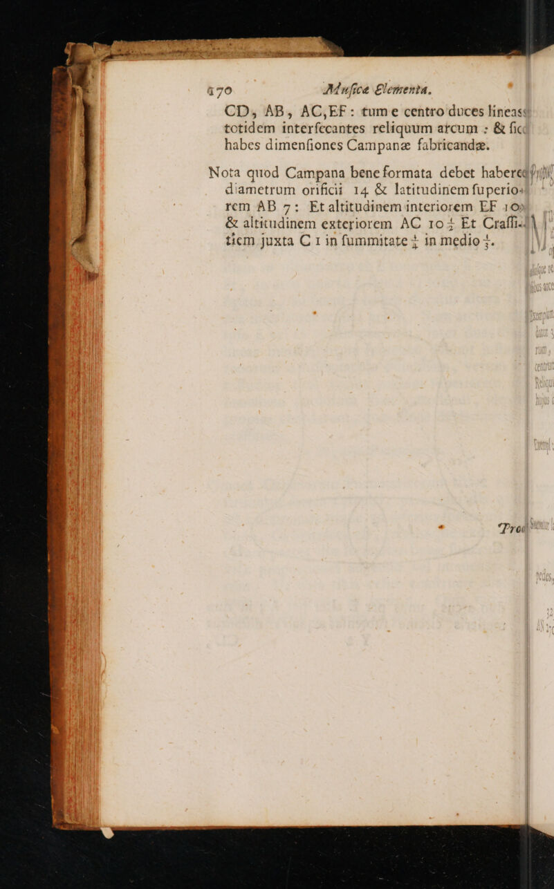 Nota quod Campana bene formata debet habereq/ii. diametrum orificii 14 &amp; latitudinem fuperio: rem AB 7: Etaltitudinem interiorem EF 109). &amp; altitudinem exteriorem AC 104 Et Craffi-]] | ticm juxta C r in fummitate 2 1n medio 1.