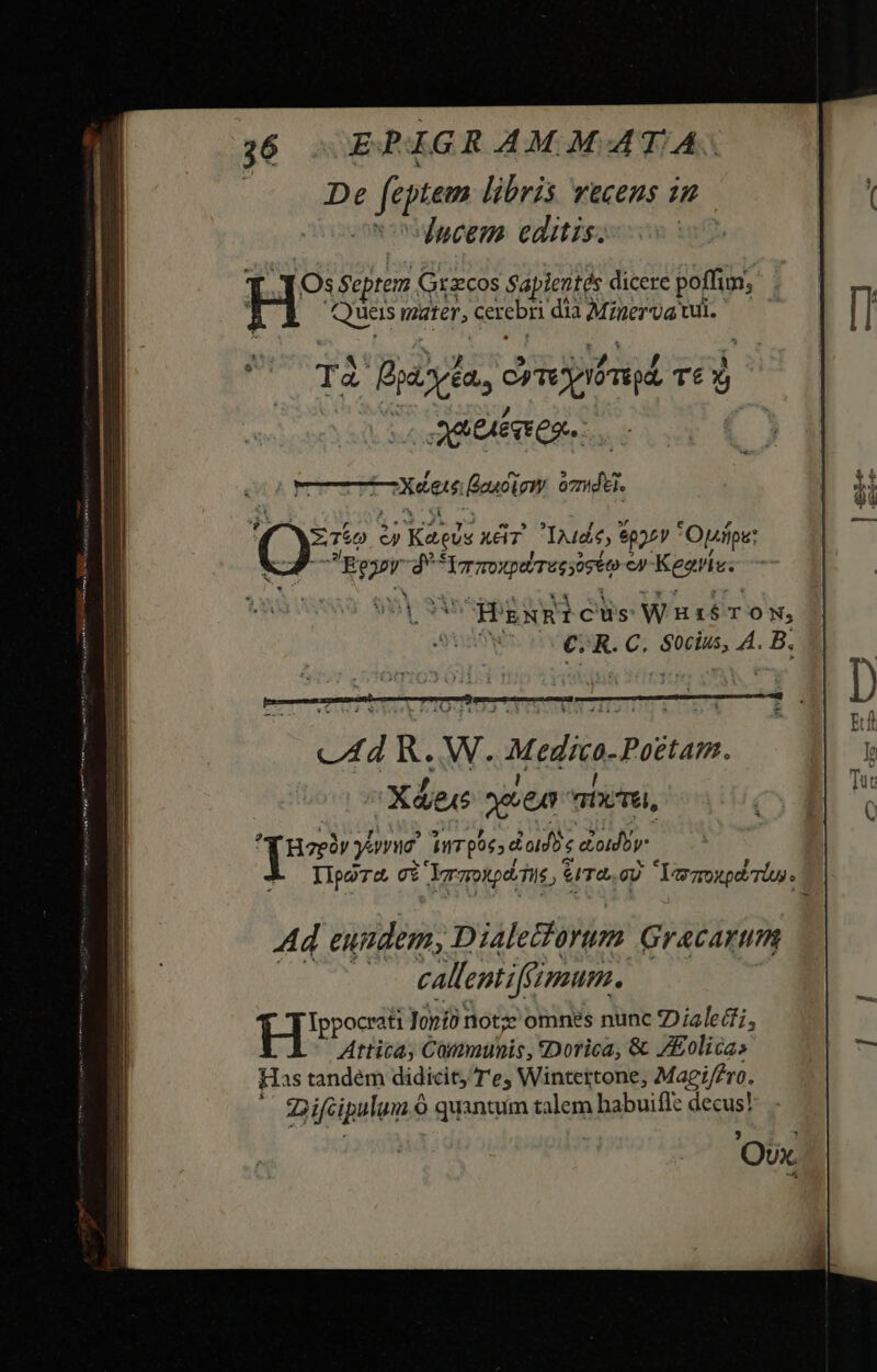 : De e feptem libris vecens i2 luce editis. TI.IO: Septem Grzcos Sapientés dicere poffim; Ques mater, cer ED dia Minerva wi. T4 Brixia, eripbngd TÉ Y Aeeeene- Xen Beuoicm idi. Erío e pap X6GT aude, $p2£Y ' Opp: ^Ryyar d Tormoxpetr&esoséc cw Kegrie. déRxRICUS Wuzérow, C. R. C. TM B, Ad apidin; Dialetforum Gracarum callentiffimum., Hee Jonfó notz' omnes nunc Dialecti, Attica, Cümmunis, Dorica, & ZEolicas Has tandém didicit, T'e Winteitone, Maei/éro. Ziifcipalum 6 ó quantum talem habuifl: decus! 'OUx.