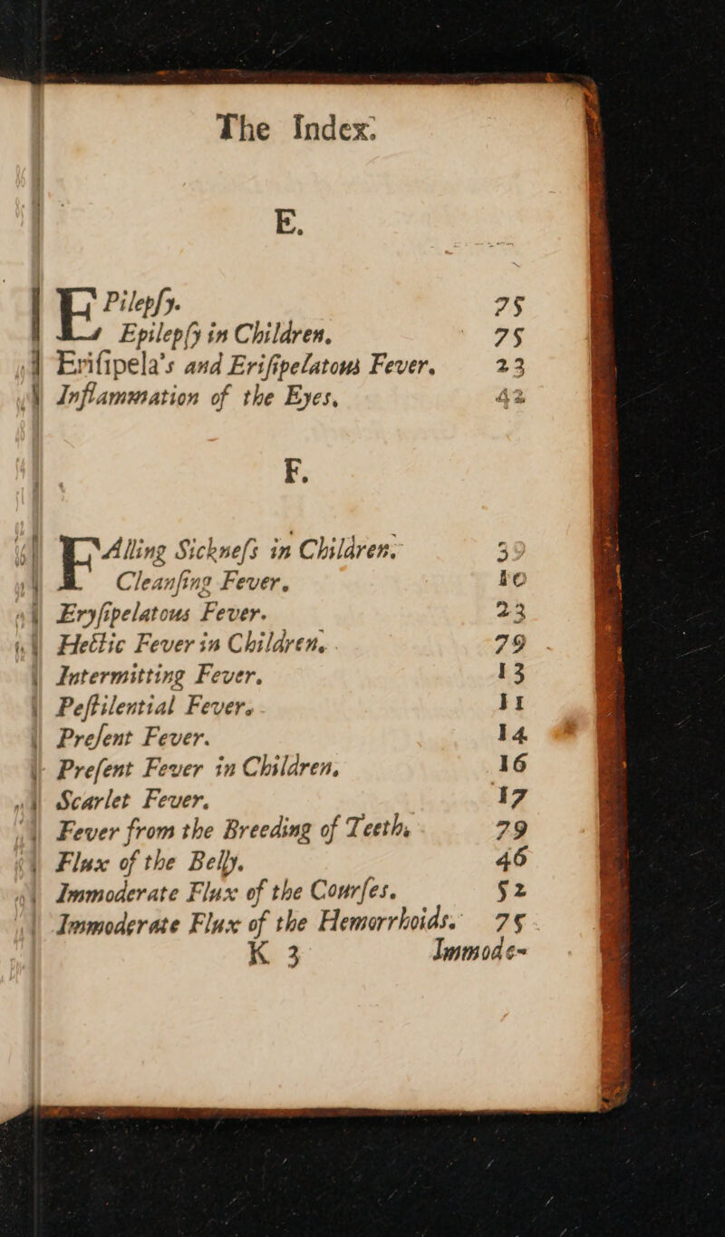 rt BE LE OX F. Alling Sichnef? in Children. 35 Cleanfing Fever. ho Eryfipelatous Fever. 23 Hetlic Fever in Children, 29 Intermitting Fever, 13 | Peffilential Fever. I | Prejent Fever. 14 I- Prefent Fever in Chslaren, 16 Scarlet Feuer, 17 | Fever from the Breeding of Teeth, 79 | Flux of the Belly, 46 | Immoderate Flux of the Comes. $2 The Index: E. 75 K 3 Immodc-