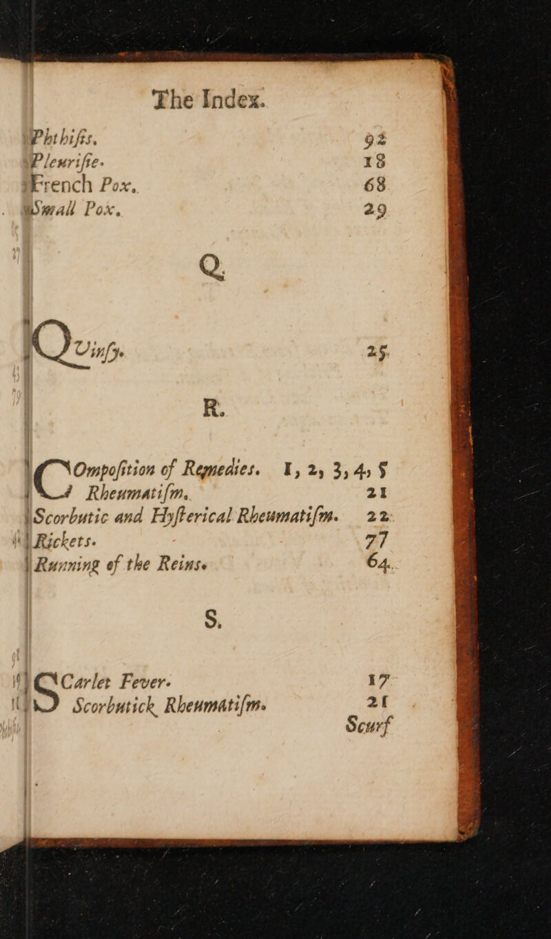 Phtbifs. oz Pleurifte- 13 French Pox. 68 wal Pox, 29 | Coni ition of Remedies. 1,2, 3,45 $ 7 Rheumati{m. 21 I Scorbutic and Hyfterical Rbeumatifm. 22 hl Rickets. 77 | Running of the Reinse 64. S. Carlet Fever. 17 I Scorbutick, Rbeumati[m. 20 Scurf