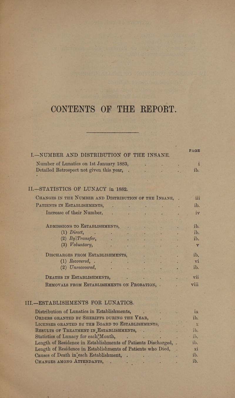 CONTENTS OF THE REPORT. PAGE IL—NUMBER AND DISTRIBUTION OF THE INSANE. Number of Lunatics on Ist January 1883, 2 : i Detailed Retrospect not given this year, . ° se ib. IIl.—STATISTICS OF LUNACY in 1882. CHANGES IN THE NUMBER AND DISTRIBUTION OF THE INSANE, . iil PATIENTS IN ESTABLISHMENTS, ; ; j : ib. Increase of their Number, $ : : ; iv ADMISSIONS TO ESTABLISHMENTS, : : : ib. (1) Direct, ; ; : : : ib. (2) By:Transfer, : : : ib. (3) Voluntary, ; : ; v DISCHARGES FROM ESTABLISHMENTS, ? ib. (1) Recovered, . : ; : vi (2) Unrecovered, : ; ; : ‘ ib. DEATHS IN ESTABLISHMENTS, ; ; : vil REMOVALS FROM ESTABLISHMENTS ON PROBATION, . Vili IIlL—ESTABLISHMENTS FOR LUNATICS. Distribution of Lunatics in Establishments, PO's ; ix ORDERS GRANTED BY SHERIFFS DURING THE YEAR, ib. LICENSES GRANTED BY THE BoaRD TO ESTABLISHMENTS, x RESULTS OF TREATMENT IN ESTABLISHMENTS, . ib. Statistics of Lunacy for eachMonth, d ; - ib. Length of Residence in Establishments of Bodoanlis Dathanced. ‘ ib. Length of Residence in Establishments of Patients who Died, _. xi Causes of Death in‘each Establishment, . ae ib. CHANGES AMONG ATTENDANTS, . } , : ; ib.
