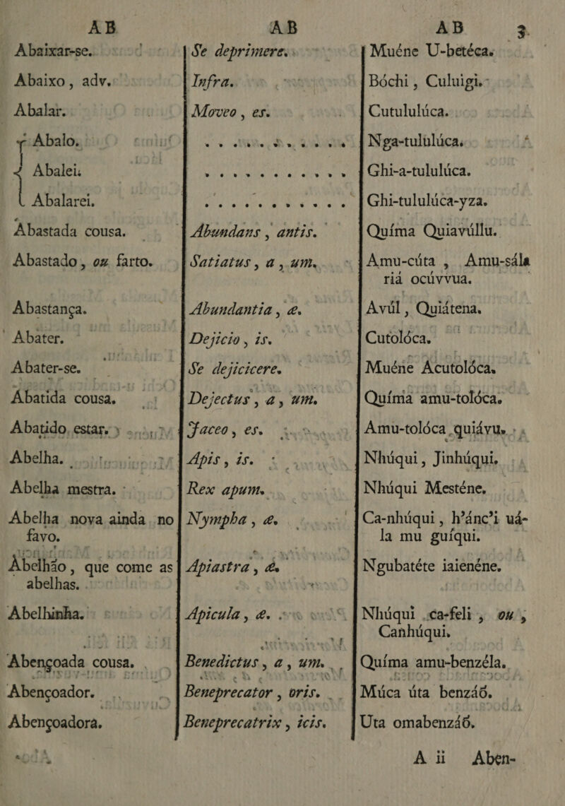 AB AB Abaixar-se. Se deprimeres: Abaixo, adv, Infra. | Abalar. Moveo , es. q Abalo. | no Ro A og RI É Abalei DPG ntea a Oia NO | gts PRP da RE Abastada cousa. Tibundans, antis. Abastado , ox farto. Satiatus, à, um, Abastança. Abundantia , &amp;s “ Abater, | Dejício, is. Abater-se, de dejicicere, Ábatida cousa, Dejectus, a, um, Abatido, estar. .. Faceo, es, Abelha. rir 77 | Apis, is. Abelha mestra. [Rex apum. Abelha nova ainda no | Nympha , «£ favo. e Abahão, que come as Apiastra, do abelhas. | Abelhinha. | Apicula, &amp; . Abençoada c cousa. . Abençoador. Abençoadora. Beneprecatrix » dciso AB sa Bóchi, Culuigi.- Nga-tulblúcas g Ghi-a-tululúca. Ghi-tululica-yza, Amu-cúta » Amu-sála ria ocúvvua. Avúl, Quiátena, Cutolóca, Muéne Acutolóca. Químa amu-tolóca. Amu-tolóca .quiávu» .. Nhúqui, Jinhúqui. Nhúqui Mesténe, | Ca-nhúqui, hºânc'i uá- la mu guíqui. Ngubatéte iaienéne, Nhúqui .ca-feli, ou, Canhúqui,