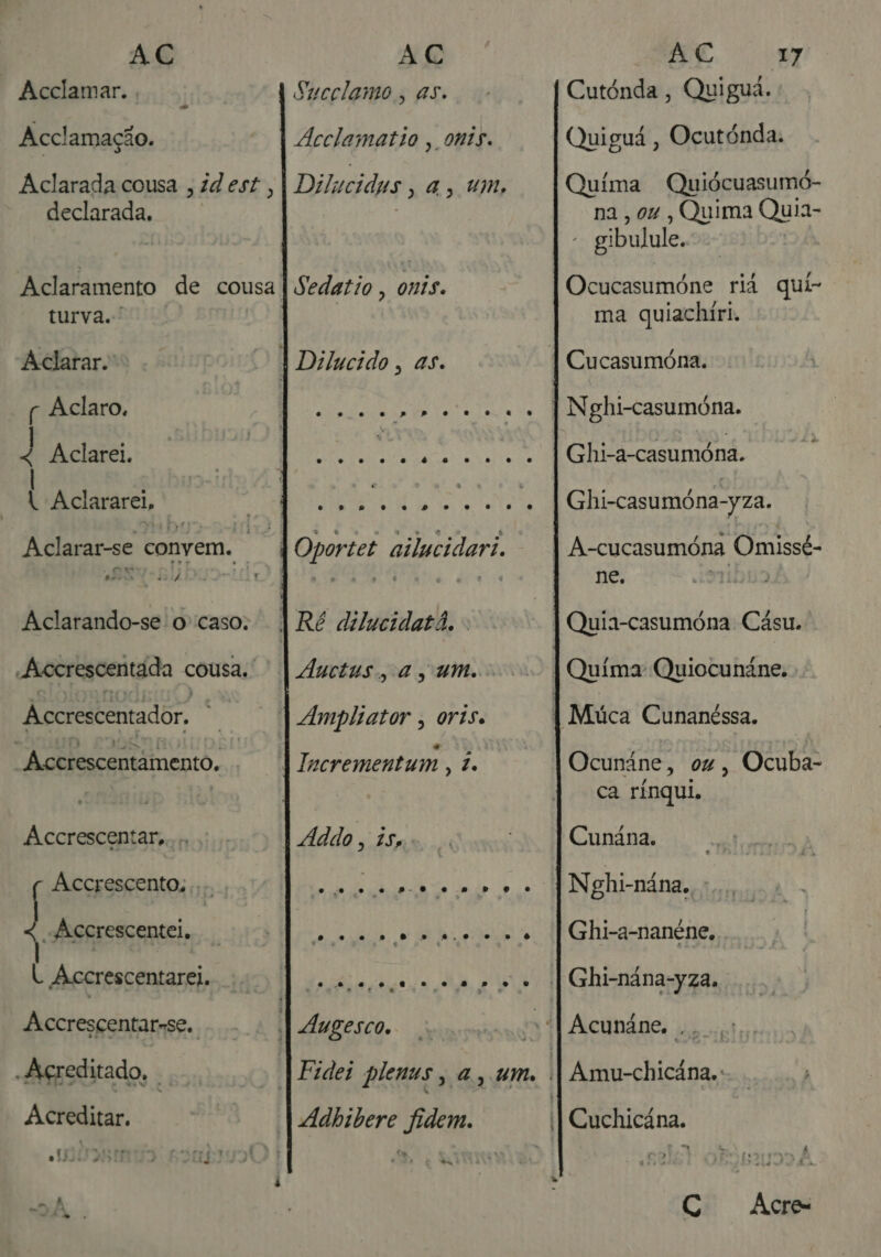 Acclamar. , Acclamação. Aclarada cousa , dest, declarada, turva. Aclarar. q Aclaro, , Aclarei. | Aclararei, e Aclarar-se convem. | ais fl) e. Aclarando-se ocaso. Accrescentada cousa. Accrescentador. “Accrescentamento. . Accrescentar,.... Accrescento, , -Accrescentei, L Accrescentarei. Accrescentar-se. -Açreditado, Acreditar. Succlamo , as. Meclamatio , onis. Diliucidus, a, um, Sedatio, onis. Sleep id e Je use DO O O OA 0 O do, O 5.6 º id » º “ + º º Led s e O ai dO US SRA 0 A EPP, . se DD. DEM A Dr Sm é O MR 4 080 2 OT O DL Adhibere fidem. aa Cutónda, Quigua. Quiguá , Ocutónda. Quima Quiócuasumó- na, OU , Quima Quia- - gibulule. Ocucasumóne ria qui- ma quiachíri. Nghi-casumóna. Ghi-a-casumóna. Ghi-casumóna-yza. A-cucasumóna Omissé- ne, 1 Ocunáne, ox, Ocuba- ca rinqui, Nghi-nána. Ghi-a-nanéne, Amu-chicána.: 4 C Acre