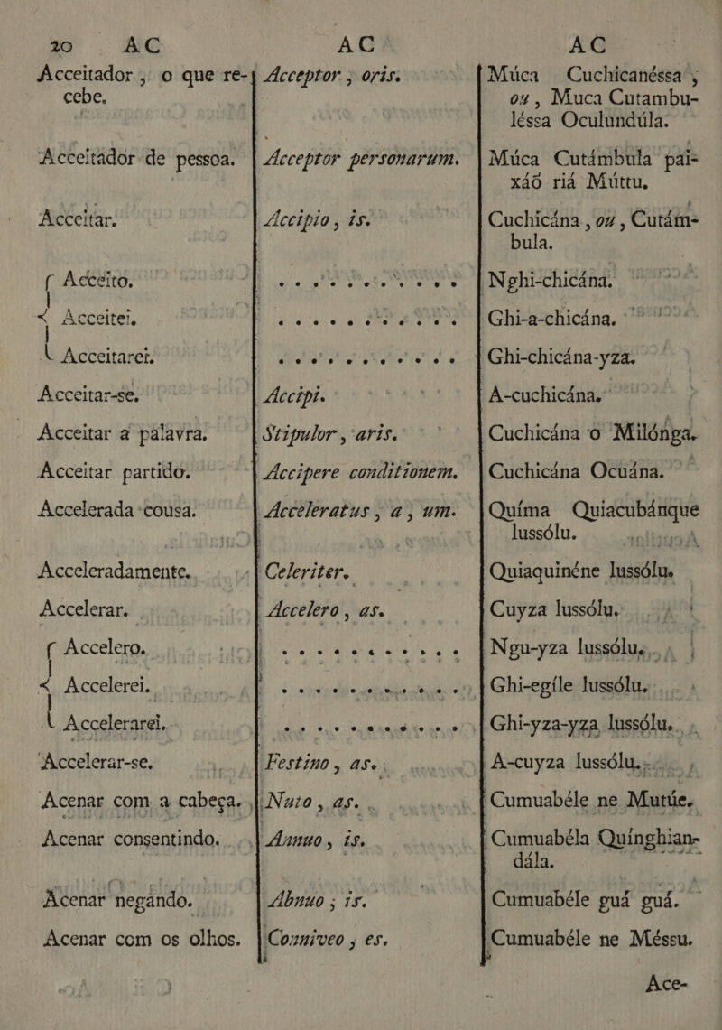 Acceitador , o que re- cebe, Acceitador de pessoa. Acceitar. r Acceito, ' Acceitei. À Acceitarer. Acceitar-se, Acceitar a palavra, Acceitar partido. Accelerada cousa. Acceleradamente. Accelerar. ( Accelero, ), Accelerei. | | A Accelerarei, Accelerar-se, ; Acenar com a cabeça, Acenar consentindo. Acenar negando. Acenar com os olhos. Acceptor , orãs. dccipio, às. * os . “o, e. . cos» “ “ . e e e. o. e e “ “ 1.0 09 cv'ie o... vo ca... o. cl. Conniveo ; es. o Múca Cuchicanéssa 04, Muca Cutambu- léssa Oculundúla. Múca Cutámbula pais xão riá Múttu, Cuchicána , ou , Cutâm- bula. Ghi-a-chicâna. Cuchicána Ocuána. Quima edita! lussólu. UI A Quiaquinéne ssa o Ghi-egíle lussólu, dála. Cumuabéle guã gui. ÁAçe-