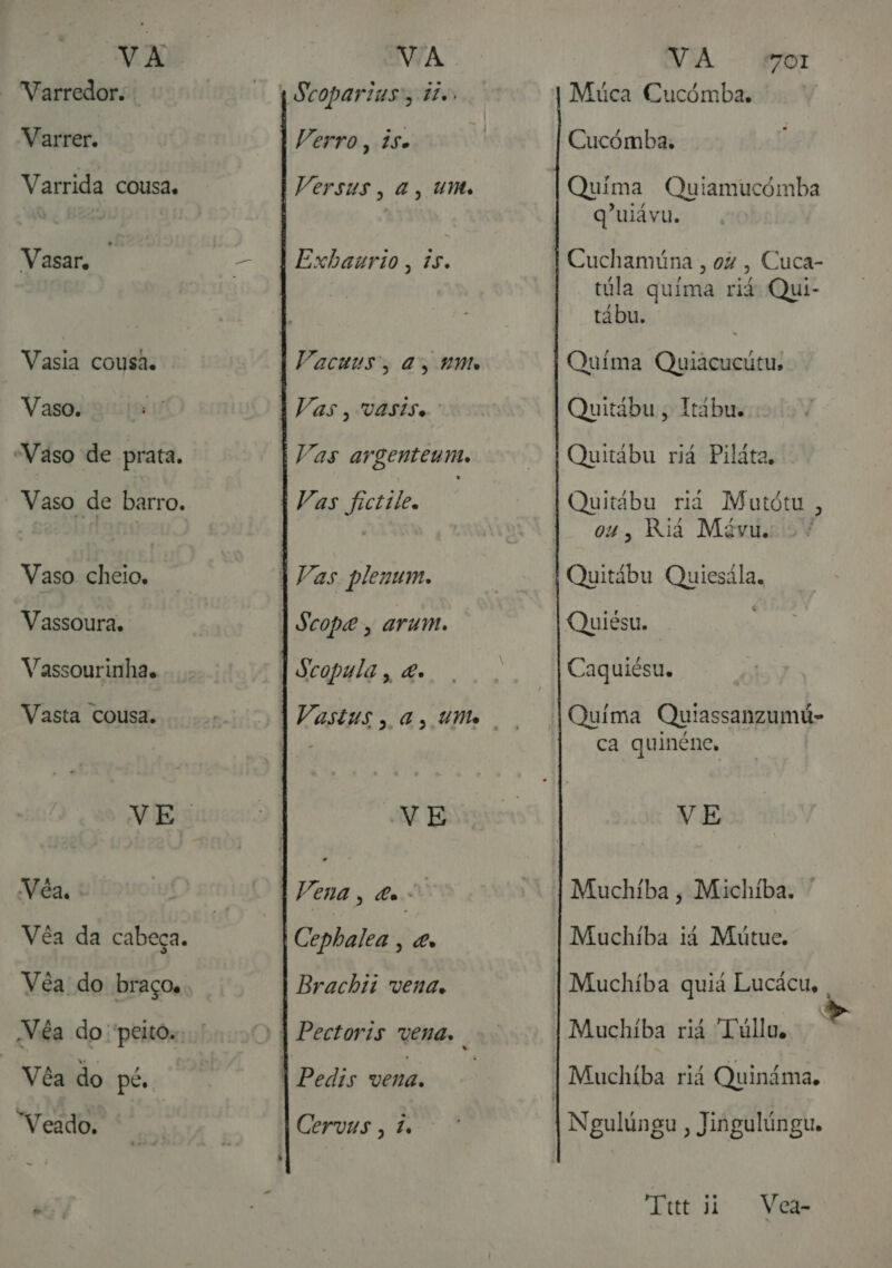 Varredor. | Varrer. Varrida cousa, Vasar, Vasia cousas. Vaso. “Vaso de prata. Vaso de barro. Vaso cheio. Vassoura. Vassourinha. Vasta cousa. NVêa. Vea da cabeça. Vea do braço, Nêa do peito. Vêa do pe. “Veado. Verro, às Versus, à, um. Exbaurio, 15. Vacuus; às un Vas, VASISe Vas argenteum. Vas fictile. VE Ed Cephalea , «x Brachii vena, VA “OI Múca Cucómba. Cucómba. Quima Quiamucómba q'uiávu. túla quima riá Qui- tá bu, Quima Quiacucútu, Quitábu, Itabu. Quitábu riá Piláta, Quitábu riã Mutótu , 04, Riã Mávu. o! Quitábu Quiesála. Quiesu. Caquiésu. Quima Quiassanzumú- ca quinéne, VE Muchiba, Michíba. Muchiba iá Mútue. Muchíba quia Lucácu, Muchiba riá Túllo, Ngulúngu , Jingulúngu. Tet si Vea