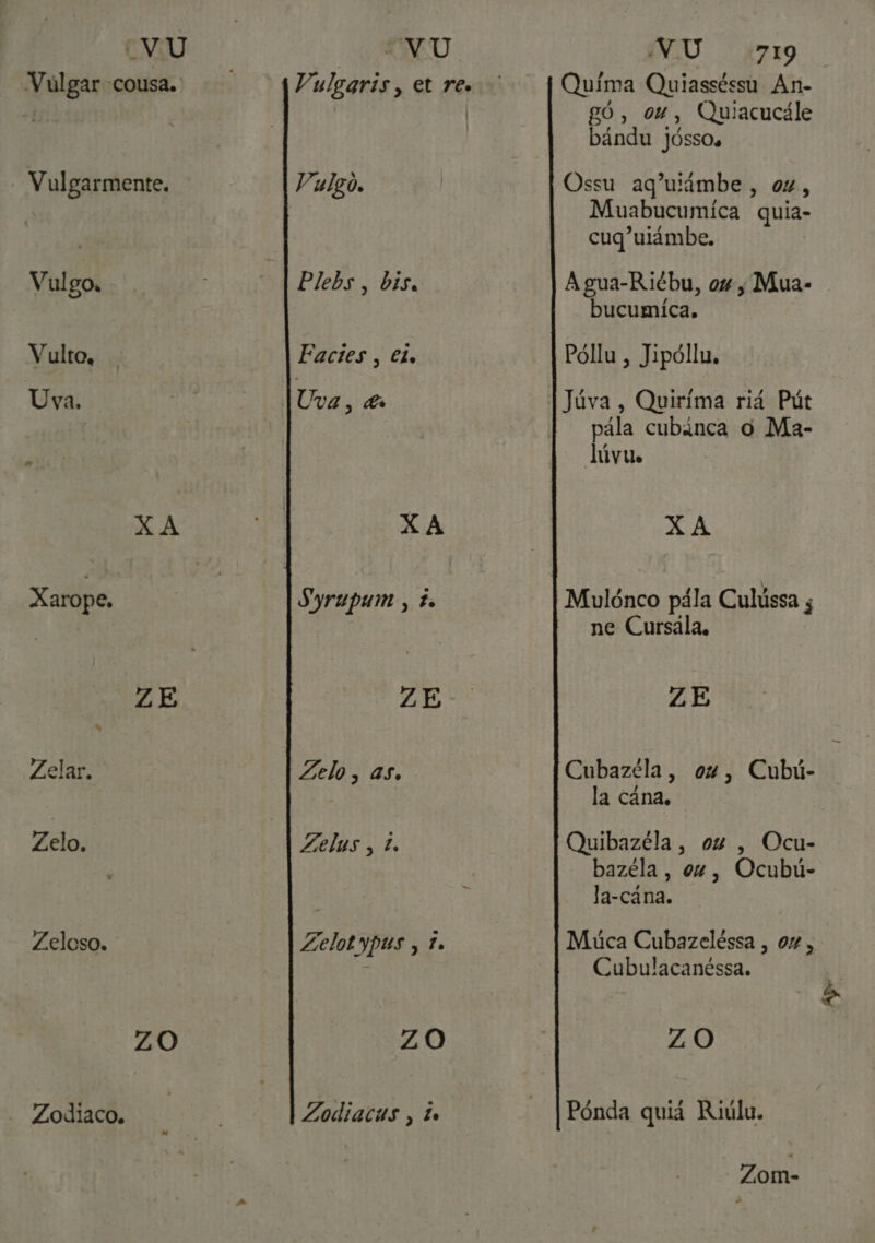 Vulgar cousa. Vulgarmente, Vulgo. Vulto, | Uva. XA Xarope, ZE Zelar. Zelo, Zeloso. ZO - Zodiaco, “VU Vulgaris, et re. l Vulgô. Plebs, bis. Facies , ei. XA Syrupum , é ZE Zelo, as. Zelus » 1. Zelotypus , do ZO NU 19 Quima Quiasséssu An- go, ou, Quiacucále bându jóssos Ossu aq'utâmbe, ox, Muabucumica quia- cug'uiâmbe. Agua-Riébu, ow; Mua- bucumiíca, Póllu, Jipóllu. Júva, Quiríima riá Pút pála cubânca o Ma- lúvus X A ne Cursala. ZE Cubazéla, ou, Cubú- la câna. Quibazéla, ou , Ocu- bazéla, ou, Ocubuú- la-câna. Múca Cubazeléssa , 0x, Cubulacanéssa. ZA) Pónda quiá Riuúlu. Zom-