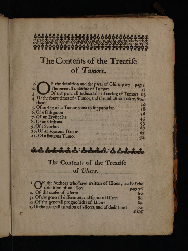 seueneessesassausttitastes The Contents of the Treatife of Tumors. de F the definition and the parts of Chirurgery pager 2. C) The generall do&amp;rine of Tumors 12 x Of the general indications of curing of Tumors 15 4. Of the foure times cf a Tumor,and the indications taken from them 26 5- Of curing of a Tumor come to fuppuration. 28, 6. Of a Phlegmon 36 7. QF an Eryfipelas 45 $. OF an Ocdema : 53 9. Of a Scirrhus 60: 10, Of an aqueous Tnmor . i 67 11. Of aflatuous Tumor 72 Sododododududedrdodocd'dodododods The Contents of the Treatife | of Ulcers. z. (@) the Authors: who have written of Ulcers, and‘of the definition of an Ulcer page 7&amp; 2. Of thecanfes of Ulcers So. 3e Of the general! differences, and'fignes of Ulcers 86 42 OF the generall prognofticks of Ulcers: 89 5. Of the general! curation of Ulcers, and of their times : ge