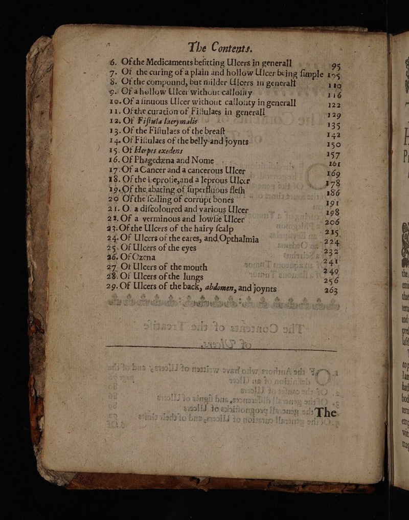sides The Contents. 6. Ofthe Medicaments befitting Ulcers in generall 95 7- Ot the caring of a plain and hollow Ulcer being fimple 195 : 8. Of the compound, buat milder Ulcers in generalt 189 | : ©. OF ahollow Ulcer without calloiity : 1ié 19-Of aiinuous Ulcer withoue calloity in generall 122 ER fH 11. Of the curation of Filtulaes in generall 129 Tay 12. Or Fiftela laerymalis 135 } * ee 13. OF the Fiftulaes of the breaft 142 } yy 1 4+ Of Filtulaes of the belly-and joynts 150 | , 15. Ot Herpes exedens 157 p ay 16.Of PhagedenaandNome_ . : 161 | 17.Of a Cancer anda cancerous Ulcer 169 | 18. Of the Leprofie,and a leprous Ulecr We yk: ah 19. Of the abating of fuperfluous fleth 136 pe 20 Of the fcaling of corrupt bones 3 191 a) 21. QO. adifcoloured and various Ulcer 198 22,Of a verminous and lowfie Ulcer 206 23. Of che Ulcers of the hairy {calp 235 y 24.OF Ulcers of the eares, and Opthalmia tap 224. 25-Of Ulcers of the eyes | 233 26.Of Ozena © : Aan 27. Ot Ulcers of the mouth 249 2%. Of Ulcers of the lungs 3 256 ; 29.OF Ulcers of the back, abdomen, and joynts 263