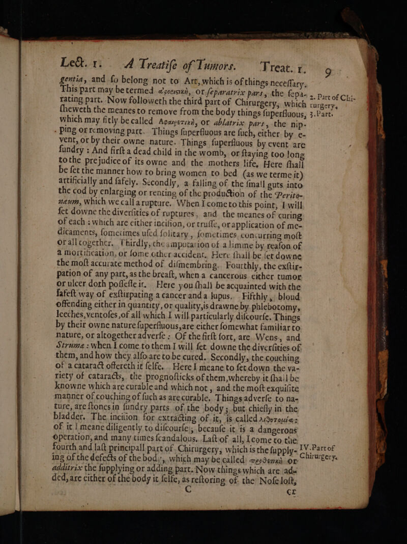 1 Let.1. A Treatife of Tumors. ‘Treat. ¢. gentia, and fo belong not to Art, which is of things neceffary. This part may betermed aces), or [eparatrix pars, the fepa- rating part. Now followeth the third part of Chirurgery; which fheweth the meanes to remove from the body things fuperfluous, which may fitly be called Agasertui, OF ablatrix pars, the nip. . Ping or removing part. Things fuperfiuous are fuch, either by e- vent, or by their owne. nature. Things fupertluous by event are fundry : And firfta dead child in the womb, or ftaying too long tothe prejudice of itsowne and the mothers life, Here fhall be fet the manner how to bring women to bed (as we terme it) artificially and fafely. Secondly, a falling of the {mall guts into the cod by enlarging or renting of the production of the Perite- zeum, Which we callarupture. When I cometo this point, Iwill fet downe the diverfities of ruptures, and the meanes of curing of each : which are either incifion, or trufle, or application of me- dicaments, fomecimes ufed folitary, fometimes concurring molt Orallcogerher. Thirdly, che ampucarion of alimme by reafon of @ mortification, or fome other accident. Here hall be fet downe the moft accurate method of difmembring. Fourthly, the exftir- pation of any part, as the breaft, when a cancerous either tumor or ulcer doth poflefle i. Here you thall be acquainted with the fafeft way of exftiepating a cancer anda lupus, Fifthly, blond offending either in quantity, or quality,is drawne by phlebotomy, leeches, ventofes ,of all which I will particularly difcourfe, Things by their owne nature fuperfluous,are either fomewhat familiar to nature, or altogether adverfe ; Of the firft fort, are. Wens., and Struma : when { come to them I will fet downe the diverfities of them, and how they alfo.are tobe cured. Secondly, the couching of a cataract offereth it felfe. . Here I meane to fet down the va- riety of cataracts, the prognofticks of them,whereby it fha!l be knowne which are curable and which not , and the moft exquilite manner of couching of fuch as are curable. Things adverfe to na- ture, are ftonesin {undry parts of. the body ;..but. chiefly in the bladder. The incition, for extracting of .it, is called aSerouie- of it | meane diligently to difcourfe), becaufe it. is a dangerons Operation, and many times fcandalous...Laftiof all,lcometo the fourth and laft principal! part of Chirurgery; which ts the fupply- ing of the defeéts of the body, which may be called: wessenuh Or additrix the fupplying or adding part. Now. things which are vad ded, are either of the body it felfe, as re{toring of- the Nofelott, We C CL 2. Part of Chis rurgery, 3. Part,