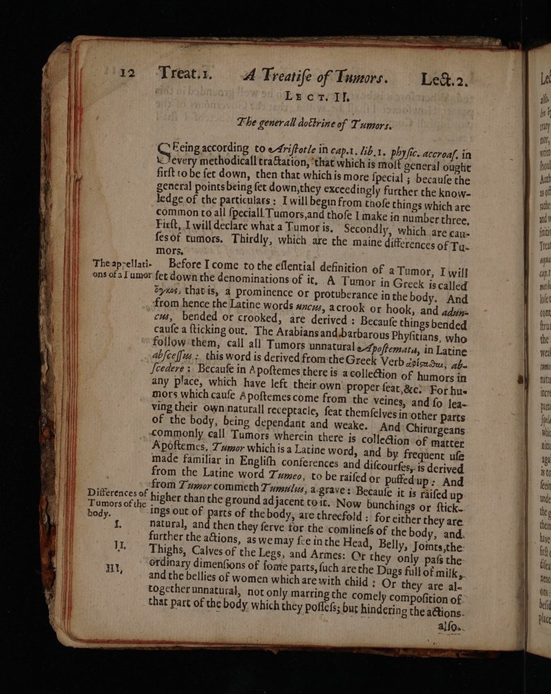 Lecr. TI. The general dottrine of Tumors. Heing according to e4riftotle in cap.t. Lib.1. phyfic. accroaf, in Sen methodicall'traStation, ‘that which is moft general ougtic firft ro be fec down, then that whichis more {pecial ; becaufe the general points being fet down,they exceedingly further the know- ledge of the particulars: I will begin from thofe things which are common co all fpeciall Tumors,and thofe I make in number three, Firft, I will declare what a Tumor is. Secondly, which. are can- fesof tumors. Thirdly, which are the maine differences of Ty. mors. Before I come to the eflential definition of a Tumor, Iwill n Greek is called oyxes, thatis, a prominence or protuberance inthe body. And from hence the Latine words xncus, acrook or hook, and adype cus, bended or crooked, are derived : Becanfe things bended caufe a {ticking out. The Arabians and barbarous Phyfitians, who follow them, call all Tumors unnatural epoffemata, in Latine abfeeffus :. this word is derived fromthe Greek Verb dvicrdu, abe {cedere ; Becaufe in Apoftemes there is a collection of humors in any place, which have left their own proper feat, 8c)” For hus mors which caufe Apoftemescome from the veines, and fo lea= ving their own natural] receptacle, feat themfelyesin other parts of the body, being dependant and weake. And Chirurgeans commonly call Tumors wherein there js colleGion of matter Apoftemes. Tumor which is a Latine word, and by. frequent ufé made familiar in Englith conferences and difcourfes,. is derived from the Latine word Tumeo, to be raifed or puftedup: And from Tumor commeth T; umulius, agray x €: Becaule it is raifed up ge higher than the ground ad jacent toit. Now bunchings or ftick.. ee Sag ings out of parts of the body, are threefold; for either they are. t. natural, and then they ferve tor the comlinefs of the body, and. further the ations, as we may fee inthe Head, Belly, Joints,the- II, Thighs, Calves of the Legs, and Armes: Or they only pafs the: ordinary dimenfions of fonte parts, fuch arethe Digs full of milk,. HY, and the bellies of women which are with child: Or they are al&lt; together unnatural, not only marring the comely compofition of that part of the body which they poflefs; bur hindering the a@ions. alfa. Vo seeh, gas OO