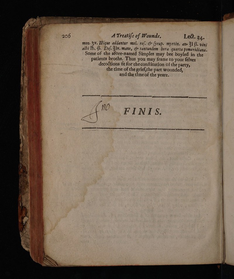 - fe oe = = : = = . et SS : z SS a ras r=<F 3 ‘aad = = - : e = 4 rene eames o elie: = : : siti. nw ; | oD : a = Se = = wes: A Treatife of Wounds. Lett. 34. mon. 3V. Ilique addantur mel. rof. &amp; fyrup. myrtin. ane 21 (3. vinj albi tb. {3. Dof. Ziv. mane, ¢ tantundem bora quarta pomeridiana. Some of the afore-named Simples may bee boyled in the patients broths. Thus you may frame to your felves deco€tions fic for the conftitution of the party, the time of the grief,the part wounded, and the time of the yeare. Eee OE SS epee MA peerage &amp; 4 1 PINTS. a.