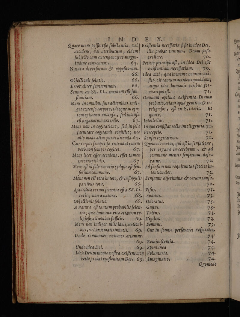 Eus ideis aid - —— C Durum CE imD. IV INS AD Br X. ACCGidens , vel attributum , eidem fuhjecto cum exteufione five magni- illa probat tantumy Deum poffe existere. 70. Natura diver(orum C oppofitorum. O, Objectionis folutio. 66, Erroraliter fentientium. 66. Scinus ex SS. LL. mentem effe fab- flantiam. 66 Mens inomnibus (uis acbionibus indi- get exten[o corpore, ideoque in ejus conceptu mon exelufa s fedinclu[a! — quare. 71. eft ovganorum exteu[io. 67. | Intellectus. 71. Mens non in cogitatione , fed in fola | Inquo con(iflat vea intelligentia.71. facultate cogitandi con[islit y. nec | Perceptio. 7T ullo inodo actus purus dicenda.6 7. | Sen[us cogitativtts. 71: Cur corptis femper fe extendat mens | Quomodo motus, qui efl in (enfatione y ver non (emper cogitet, 67.| per organa in cerebrum y. ad Mens licet effet accidens, effet tamen |— commune mentis fenforium. defe- corruptibilis. 67.) TAttr. | 72. Meus eft in folo conario y idque eft (en- | Ad fenfus non vequivuntur (pecies in- forium commune. 67.| tentionales. 333. Meus non e$t tota in toto, c in fingulis | Senfuum difcrimina C eorum cau(a. partibus tota, 68. 71. Apodislica verum (cientia efl a S3. Li- | Vifus. 73* te$s non AnatutA, — 68, | Auditts. 73- Obj eclionis folutio. 68. | Odoratus. 73. A natura. efl tantum probabilis (cien- | Guflus. 73* tias que buinana vite etiumin ve- | Tactus. 73* ligiofis aGtionibus fufficit. 69. | Vigilia. 73. Mes non indiget ullis ideisymotioni- | Somnus. 7j. bus , velaxiomatisinnatis, — 69. | Cur in fomuo perfeveret. ve[piratio. Uude communes noiiones oriantur. 74 | 69. | Remini[centia. 74. Unde idea Dei. | 69. Spontanea 74 Ideà Dei,tn inente neftra exiftens,non | Voluntaria. 74- rette probat exiflentism Dei, | 69. | 1maginatio, $4- Qtoniodo exiflentiam neceffariam. |— 70. Idea Dei , qua ininente bominis exi- flit; esl tantum accidens quoddatiis Atque ideo bumanis viribus for- mari poteft. ;Ac Omuium optima exiflentie Divine probatio, etiam apud gentiles C iv- religiofos , eft ex S.literis. — Et