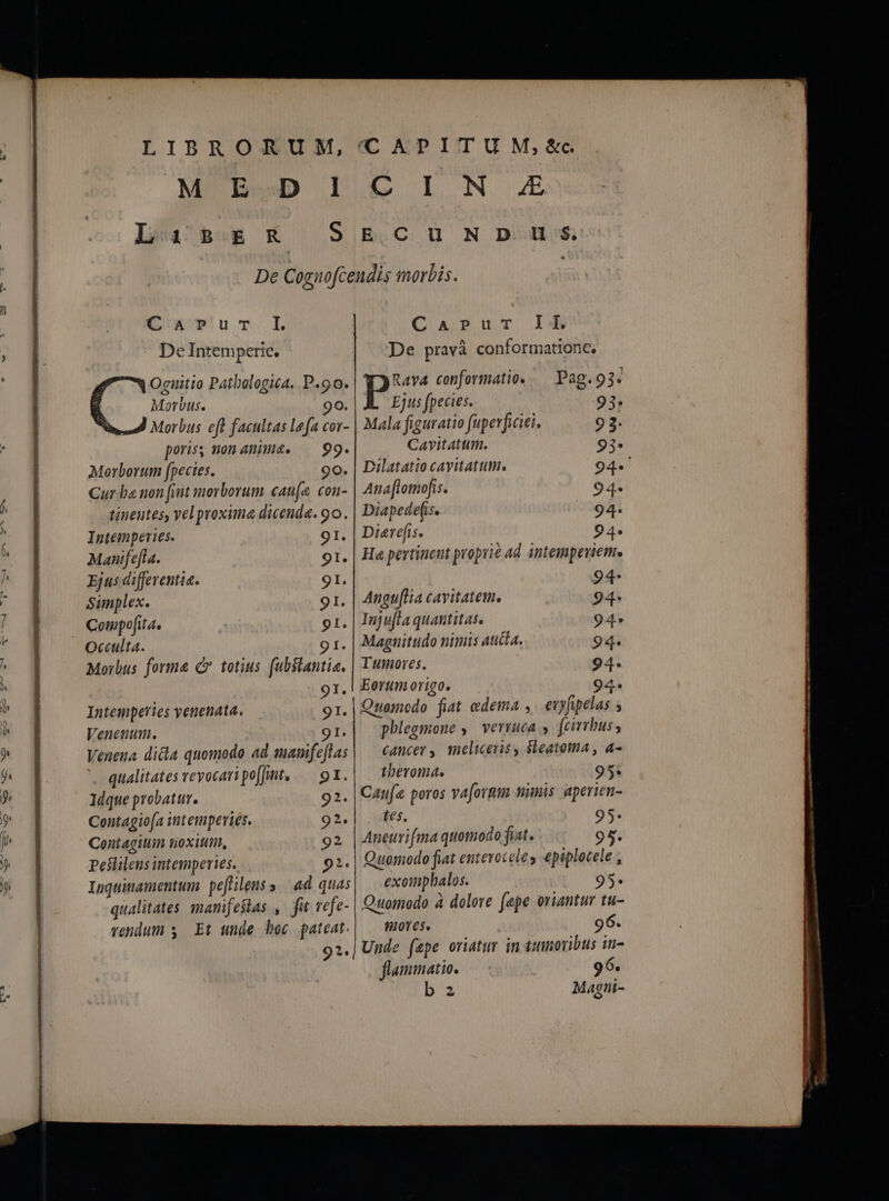 — bim 2d. —wctas G. m cm CHER qe i comete xm. oc, oco P dae e IC METRI SORT RU E FS RUM V RU RUCC UHR CE ID D Us UE. Pac LIBRORUM, CAPITU M, S&amp;. MULD L4£€ I N JE L:sg x SE CUND. s De Cognofcendis morbis. C'x»'uT.I CarPrucr II. De Intemperie. De pravà conformatione, Oguitio Patbologica. P.90. P conformatio. .— Pag.93. Morbus. 90. Ejus fpecies. 93. Morbus eft facultas lefa cor- Mala figuratio fuperficiei. 9 3. poris non anima. — 99. Cayvitattum. 93* Morborum fpecies. 90. | Dilatatio cavitatum, 94. Cur ba non [int morborum cat[e. con- | Anaflomofis. 94- tineutes, vel proxima dicenda. 9o. | Diapedefis. 94- Intemperies. 91. Diere(is. 94. Manifefla. 91. | He pertinent proprie ad intemperiem. Ejus differentia. 9I. 94- Simplex. 91. | Anguflia cavitatem, 94- Compofita. 91. | Injyufla quantitas. 94 Octculta. 91. | Magnitudo nimis atia. 94. Morbus forme C totius. (ubstantia, | Tumores. 94. 91. E0rtumorigo. 94. Intemperies venenata. 91. | Quamodo fiat edema ,. exyfipelas Venenum. 9r.| jhlegmone ,. vertuca y [cibus Venena ditta quomodo ad mapifeflas — cancer, melicevris , $leatoma , a- qualitates vevocaripoffimt, — ox.| — tberoma. 95: Idque probatur. 92. | Caufa poros va[orgm mimis aperien- Contagiofa intemperies. 92.) fes. 95. Contagitiim tioxitlm, 92 | Aneurifma quomodo fiat. 95. Peslilens intemperies. 92. | Quomodo fiat enteroceles epiplotele , Inquiamentum peflilens» ad quas| exomphalos. 95. qualitates. manifeslas , fit vefe- | Quomodo à dolore (epe oriantur tu- vendum s Et unde hoc pateat. — fHoves. 96. 92.] Unde fepe oriatur in tsmovibus in- flammatio. 96. bz Magtii-