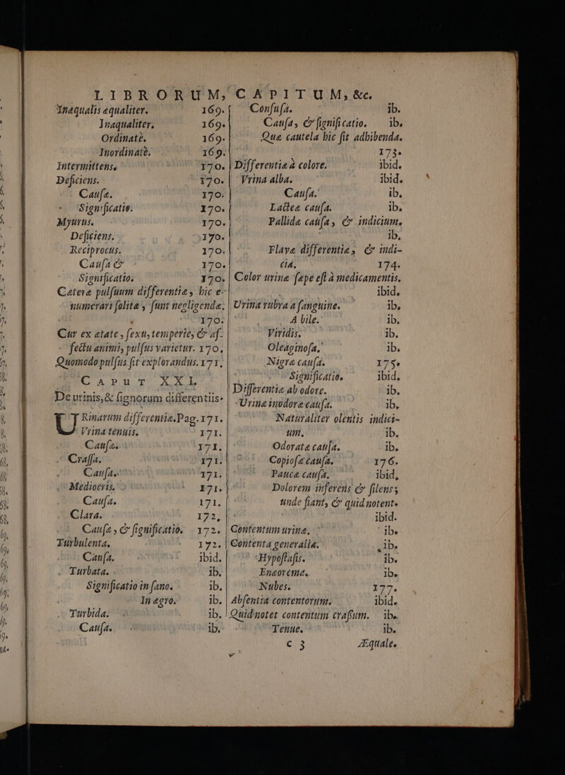 Ynaqualis equaliter. Inaqualiter. Ordinaté. Inordinate. Intevmittens, Deficiens. . Caufa. Sign'ficatie. Myturus. Deficiens, Reciprocus. Caufa c Signtficatto; 169. 169. 169. 169. 170. 170. 170. 170. 170. 170. 170. 170. 770. 170. i Viitt4 tentis. Cana. Craffa. Cat (A. Mediotris. Caufa. Clara. Caufa , c fignificatio. Turbulenta, Cana. Turbata. Significatio in (ano. In ego, 171. 171. 17 I. 171. 171. 171. 172; ————— ig de 324 172. Ibid. ib. ib. ib. Confu (a. jb. Vrina Alba. 173. Jbid. ibid. ib. ib, ib, Flave differentis ,. c iudi- ti4, 174. Color urine (epe efl a medicamentis. ibid. Urin rubra a fanguine. ib. A lile. ib. Viridis. ib. Oleagino(a.' Ib. Nigra cau(a. 175» | Significatio, ibid. ! Diffeventie ab odore. ib. Urina inodore catu(a. ib, Naturaliter olegtis indici- un, ib. Odorata cati[a. ib. Copiof cau[a. 176. Pauca cau(a. ibid, Dolorem inferens c filenss tnde fiant, C quid notent. ibid. Cententtm urina. B. Contenta generalia. 1b. Hypoftafis. ib. En«oreme. ib. Nubes. 190. Abfenita contentorum. ibid. 1b. Tenue. ib.