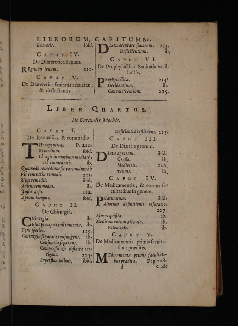 Defledtentium. CA p-uwy«uM TL De Prophyla&amp;tica Sanitatis vacil- j i $ 212: f R Egmen fenum lantis. 7 . G^A P uq UMS Rophylatlica. 214 De Diateretica fanitatis accurate , Decidentttum. ib. &amp; defle&amp;tentis. Convalefcentitm. 215. L isop Ro o3Q BARTTMAÀA De Curandis Morbis. (QaPiuT'1 | Deficientia veflittens. 228. De Remediis, &amp; eorum ufu. | CiapPuT EIIL Herapcutica, P. 220. | De Diztazgrorum. Remeditim, ibid. | Ieta agrortiu. ibid. Id agit in morbumediaté , | Crafia a vel immediaté. ib. | MIU C Quomodo reinedium (it variandumib | uM A Vis contratia remedii. 221. , ds TA u T I e Uus remedii. ibid. | S dna Y MAditus commodus. ib. | De Medicamentis, &amp; eorum fa- jufta dofis. 222. cultatibus in genere. JAptum tempus. ibid, | pee Ibid. CAprPrur IL Aliorum — definitionis | vefutatio. De Chirurgiá. E TE : | Ejts vequifita. ib. | Medicamentum ati uale, ib. Potentiale.- ib. QUA Uu TOW De Medicamentis, primis faculta- tibus praditis, Edicamenta primis facultati- buspradita, — Pag.228* d | C 4l 123. talis a pe HM Ie E MN BID. AUN n a rt tmt Dn—€—X9 2n tatit ap tt