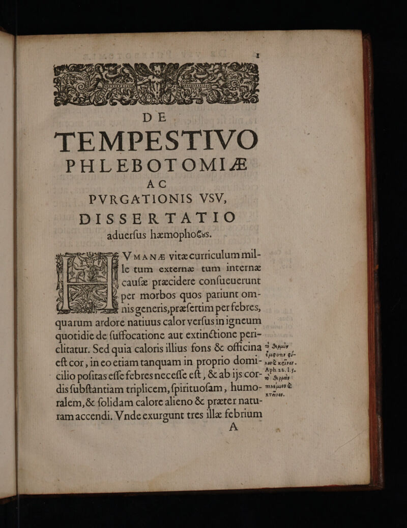 TEMPESTIVO PHLEBOTOMIZÆ AC PVRGATIONIS VSV, DE SIS ER AA TE O aduerfus hæmophoëss. | ji le tum externæ tum internæ caufæ præcidere confueuerunt &amp; per morbos quos pariunt om- DS nis generis,præfertim per febres, qu rdore natiuus calor verfusinigneum quotidie de fuffocatione aut extinétione peri- clitatur. Sed quia caloris illius fons &amp;c officina * Sner ÉLQUnr qi- eftcor,ineoetiamtanquam in proprio domi- sue var. cilio pofitaseffe febresneceffe eft , &amp; abijscor- LANTA j ets) Ms m pur dis fubftantiam triplicem, fpirituofam, humo- ru è . ° XTEAY0)s ralem, &amp; folidam calore alieno &amp; præter natu- ramaccendi. Vndeexurgunt tres 1llæ febrium