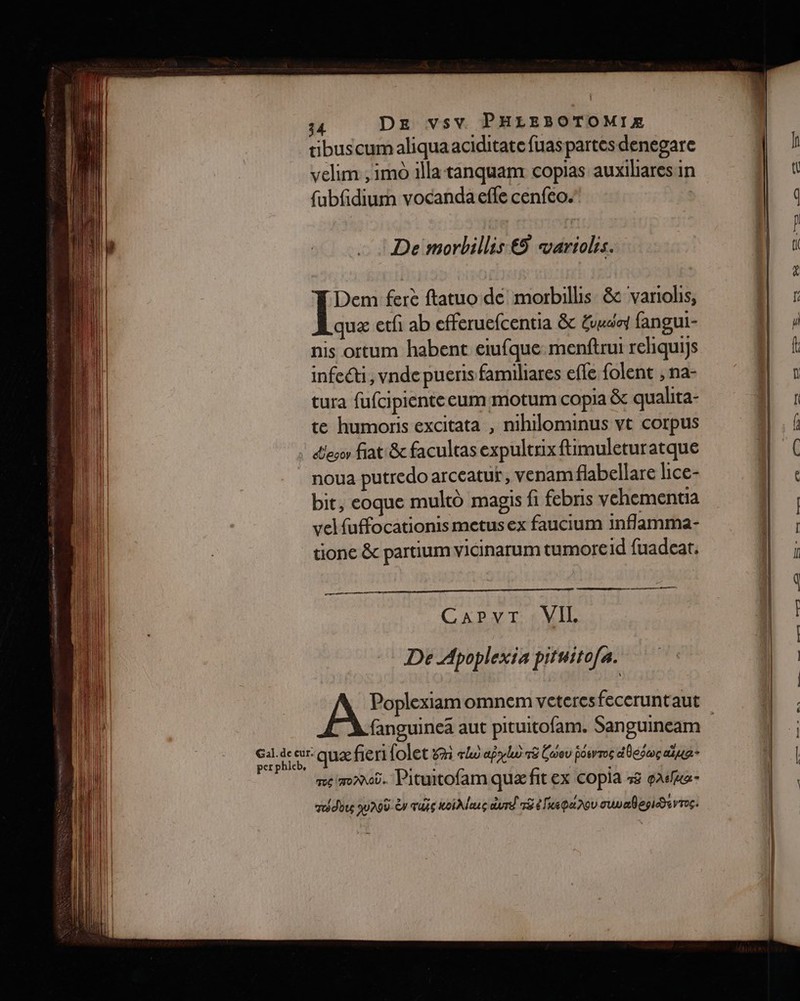 tibuscumaliquaaciditatefuas partes denegare velim , imo illa tanquam copias auxiliaresin fubfidium vocanda effe cenféo. DA 1 De morbillis €5 variolis. | I Dem ferè ftatuo de morbillis &amp; variolis, |] quæ etfi ab efferuefcentia &amp; évmcet fangui- 1 nis ortum habent eiufque.menftrui reliquijs || J infei, vnde pueris familiares effe folent , na- tura fufcipientecum motum copia &amp; qualita- te humonis excitata , mihilominus vt corpus decor fiati&amp; facultas expultrixftimuleturatque noua putredo arceatuf, venam flabellare lice- bit, eoque multù magis fi febris vchementia velfuffocationis metus ex faucium inflamma- tione &amp;c partium vicinarum tumoreid fuadeat. CaPpvT VIL De Apoplexia pituito[a. fanguineä aut pituitofam. Sanguineam quæ fieri folet &amp;n rLo apylud 75 Coou fosvros des ua melmmoi. Pituitofam quæ fit ex copia 55 gaz ra dbu a0700. Èv TU toi leuc duré 75 eliparov cuvalepiivros. D ES CP