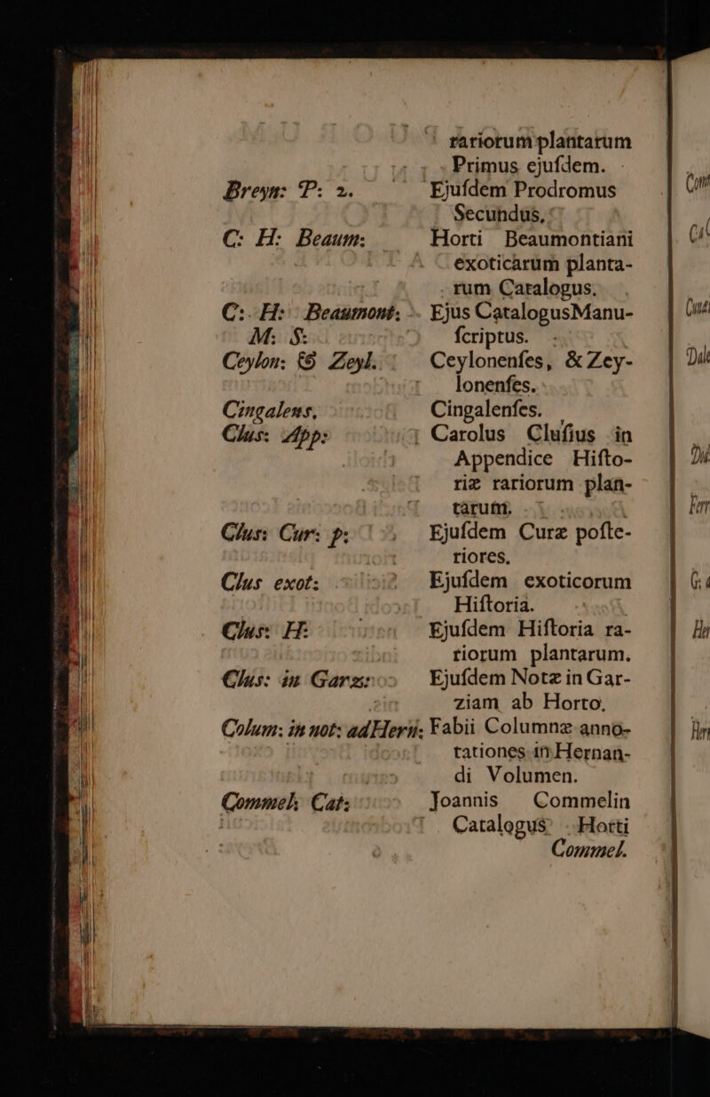 C: H: Beaum: M; 4$: Ceylou: £9. Zeyl. Cur: Cur: f: Clus exot: Cus: H: Cus: iu Garzi: | Primus ejufdem. Secundus, Horti Beaumontiani exoticarum planta- rum Caralogus. Ejus CatalogusManu- fcriptus. lonenfes. Cingalenfes. Appendice Hifto- rie rariorum plan- tarutri, Ejufdem Curz pofte- riores. Ejufdem | exoticorum Hiftoria. : Ejufdem Hiftoria ra- riorum plantarum. Ejufdem Notz in Gar- ziam ab Horto, Qommeh Caf: tationes 11 Hernan- di Volumen. Joannis | Commelin Catalogu$. |. Hotti Commel.