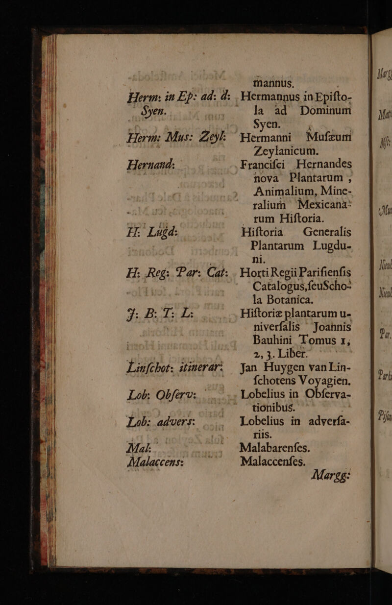 Herm: in Ep: ad: d: óyen. Hertuanud: Ht. Lujd: H. Reg: Par. Cal: pA IMMO E Linfcbot. itinerar: Lob: Obferv: Lob: advers: Mal. 2 AMalaccens: mannus. Hermannus in Epifto- la ad Dominum Syen. í i Hermanni Mufzum Zcylanicum. F rancifci Hernandes nova Plantarum , Animalium, Mine- raliun ^ Mexicana: . rum Hiftoria. Hiftoria ^ Generalis Plantarum Lugdu- ni. Horti Regii Parifienfis Catalogus,feuScho- la Botanica. Hiftoriz plantarum u- niverfalis Joannis Bauhini Tomus rz, 2, 3. Liber. jan Huygen van Lin- fchotens Voyagien. tionibus. Lobelius in adverfa- riis. Malabarenfes. Malaccenfes. | Margg: Wil