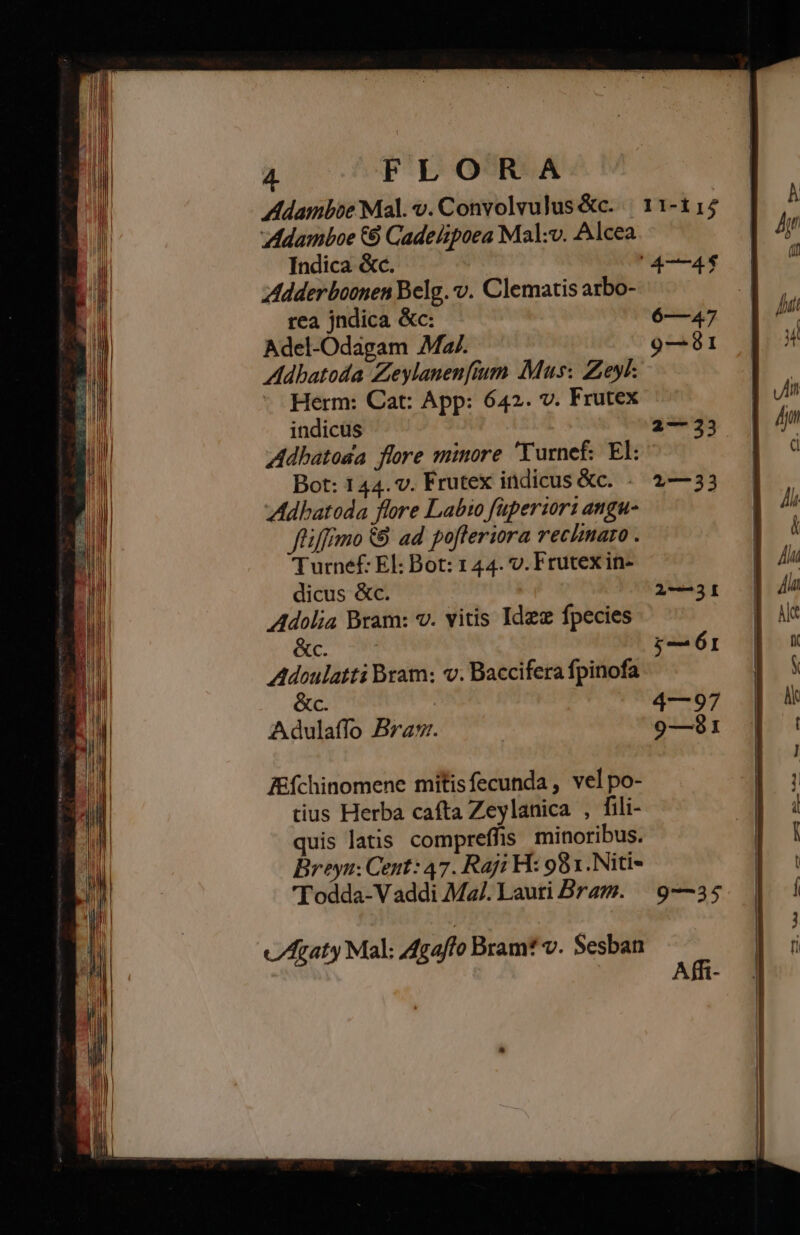 Adambbe Mal. v. Convolvulus &amp;c... 11-11; Adamboe £6 Cadelipoea Mal:v. Alcea | Indica &amp;c. '4-——4$ | Adderboonen Belg. v. Clematis arbo- | rea jndica &amp;c: 6—27 Adel-Odagam Mz. 9—81 ZAdhatoda Zeylanenfium Mus: Zeyk Herm: Cat: App: 642. v. Frutex indicus 2—23 Adhatosa flore minore 'Turnef: El: Bot: 144. v. Frutex indicus &amp;c. - 2—33 Adhatoda flore Labio füperiors angu- fiffrmo &amp;8 ad pofferiora rechnaro . Turnef: El: Bot: 1 44. v. Frutex in- dicus &amp;c. 2-31 Adolia Bram: v. vitis Idzz fpecies &amp;c. p—ÓI Adoulatti Bram: v. Baccifera fpinofa &amp;c. 4—97 A dulaffo Bra. | 9—81 IEfchinomene mitisfecunda, velpo- tius Herba cafta Zeylanica , fili- quis latis compreffis minoribus. Broyu: Cent: 47. Raji H: 981. Niti- 'T odda-V addi Ma/. Lauti Bra.