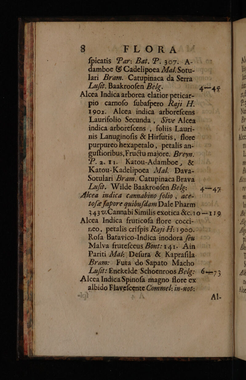 Ípicatis Par: Bat. P. 307. A- Hon 6 Cadelipoea Mz/. Sotu- lari Bran. Catupinaca da Serra Luft. Baakroofen Be/g. Alcea Indica arborea elatior peticar- pio: carnofo fubafpero Az; H. 1902. Alcea indica arborefcens Laurifolio Secunda , 57ve Alcea indica arborefcens , foliis Lauri- nis Lanuginofis &amp; Hirfutis, flore purpureo hexapetalo , - petalis an- guftioribus, Fructu majore. Breyz. ?P.2.x1. Katou-Adamboe, &amp; Katou-Kadelipoea Mz/.. Dava- Sotulari 574:. Catupinaca Brava Luft. Wilde Baakroefen Be/g: ^ 4-—47 eicea indica. cannabino folio , ace- zofe fapore quibufdam Dale Pharm 343.Cannabi Similis exotica &amp;c:10 — 119 Alcea Indica fruticofa flore cocci- neo, petalis crifpis R7; H:1900. Rofa Batavico-Ifidica inodora /éz Malva frutefceus Bout: x41. Ain Pariti Ma£ Defura &amp; Kaprafila. Bram: . Futa do Sapato Macho Luft: Enckelde:Schoenroos Be/g: Alcea IndicaSpinofa magno flore ex albido Flayefcente Comme: in-uot: Al-