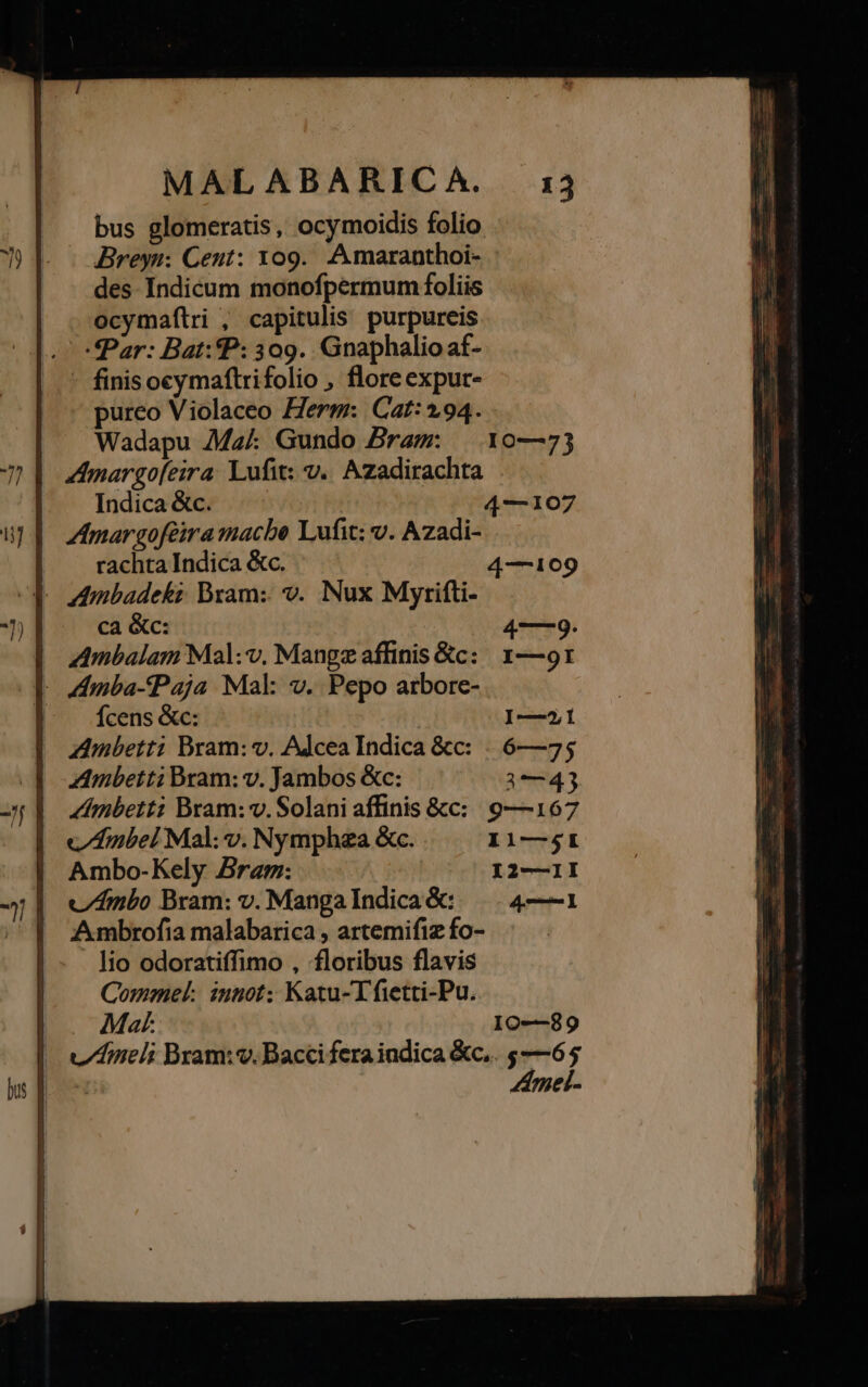 bus glomeratis, ocymoidis folio Breyu: Cent: yog. Amaranthoi- des Indicum monofpermum foliis ocymafílri , capitulis purpureis Par: Bat: P: 309. Gnaphalio af- - finisoeymaftrifolio , flore exput- pureo Violaceo Herm: Cat: 194. Wadapu Ma Gundo Bras: | 10—73 Imargo[eira. Lufit: v. Azadirachta Indica &amp;c. 4—107 Amargoféira macbe Lufit: v. Azadi- rachta Indica &amp;c. 4—109 ca &amp;c: 4—9. Ambalam Mal: v. Mangz affinis &amp;c: 1—91 - Aamba-Paja Mal: v. Pepo arbore- ^. cens &amp;c: I—21 aAnbetti Bram: v. Adcea Indica &amp;c: . 6—75 Ambetti Bram: v. Jambos &amp;c: 1—43 4hmbetti Bram: v. Solani affinis &amp;c: 9—167 c/tnbel Mal: v. Nymphza &amp;c. I1—51 Ambo-Kely Bram: I2—11I v/mbo Bram: v. MangaIndica&amp;: ^. 4——1 Ambrofia malabarica , artemifiz fo- . lio odoratiffimo , floribus flavis Commel: innot; Katu-Tfietti-Pu. . Mak: 10—89 v/ineli Bram:v. Bacci fera iudica &amp;c,. 5 -—6 5 : Amei-