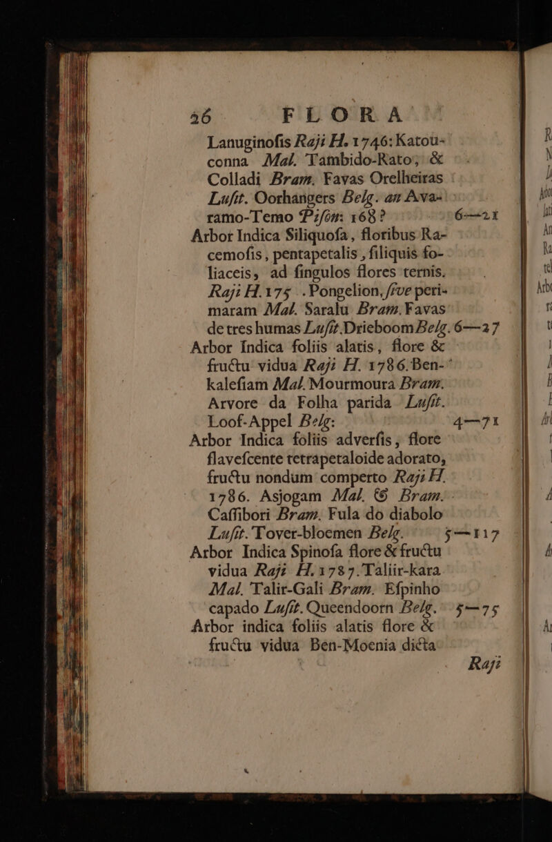 Lanuginofis Raj; H. 1746: Katou- A conna Mal. Yambido-Rato; &amp; A Colladi Aram. Favas Orelheiras aL Lufit. Oorhangers Belg. az Ava- | ramo-Temo *Pz/og: 168? 6x d u Arbor Indica Siliquofa, floribus Ra- | ii cemofis , pentapetalis , filiquis fo- | liaceis, ad fingulos flores ternis. | Raji H.175 ..Pongelion, //ve peri- | hb maram Ma. Saralu Bra. Favas f detres humas Lz//.DrieboomBe/g.6—27 . || ' Arbor indica foliis alatis, flore &amp; NE fructu vidua Ray; H. 17986.Ben-* | / kalefiam Ma/. Mourmoura Bra. | dj Arvore da Folha parida sfr. IN Arbor Indica foliis adverfis, flore flavefcente tetrapetaloide adorato, fructu nondum comperto A7; H. | 1786. Asjogam Mal. (6 Bram. Caffibori Brzz. Fula do diabolo Lufit.'Tover-bloemen Be/g. $—1175 | Arbor Indica Spinofa flore &amp; fructu Á vidua Raj; H.1787.'Taliir-kara Il Mal. 'Yalir-Gali Bram. Efpinho — capado Lz/£z. Queendoorn Be/g.. $—75 || W Arbor indica foliis alatis flore &amp; Ài Loof-Appel B^: 4—71 | lil fru&amp;u vidua Ben-Moenia dicta Raj: