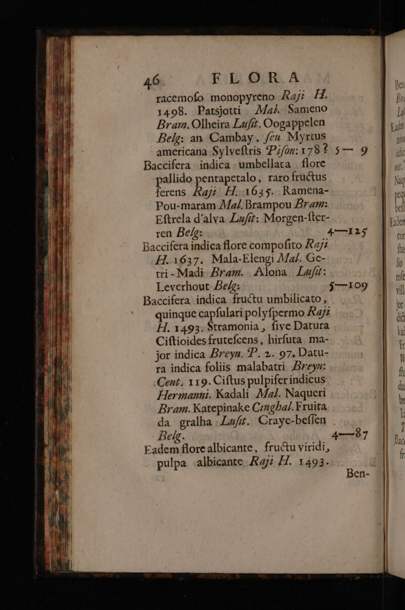 racemofo monopyreno Ay; H. 1498. Patsjotti Ma^ Sameno Bram, Olheira Lufit. Oogappelen Im Belg: an. Cambay, feu. Myrtus Ig? americana Sylveftris P;/0r:178? $— 9 ] Baccifera | indica - umbellara . flore * pallido pentapetalo, raro fructus I s ferens ag; H. 1645. Ramena- e Pou-maram 7Ma/. Brampou Pra: . |n Eftrela d'alva Lufit: Morgen-íter- | ren Be/g: : 4—125 |], Baccifera indica flore compofito A7;  H. 1637. Mala-Elengi Mz/. Gc- tti - Madi Bram. Alona Luft: Leverhout- 5e/g: $—109 Baccifera indica fructu umbilicato , - quinque capfulari polyfpermo A7 | H. 1493. Stramonia , five Datura Ciftioides frutefcens, hirfuta. ma- jor indica Breyz. ?. 2. 97. Datu- ra indica foliis malabatri JBreyz: Wm Cent. 119. Ciftus pulpifer indicus |  Hermanti. Kadali .Mz/. Naqueri | Bram. Katepinake Czugba/. Fruita | U da gralha .La/iz. Craye-beflen : Beig. 4—97 Eadem flore albicante, fructu viridi, pulpa albicante R47; HZ. 1493.