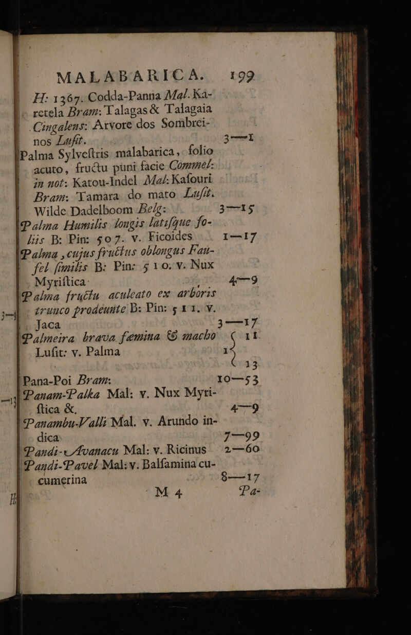 H: 1367. Codda-Panna Ma/. Ka- |- retela Bram; Yalagas Talagaia | .Cingalens: Arvote dos Sombrei- | nos Luft. Palma Sylveftris malabarica folio acuto, fructu punt facie Comet: in not: Katou-Indel M2: Kafouri Bram; Xamara do mato JLufZ. | Wilde Dadelboom .Be/z: Palma Humilis. lougis latifque fo- | 4s B: Pin: 507. V. Ficoides IIPalma ,cujus fruclus oblongus Fan- [ fel fimilis B: Pin: 5$ 10. v. Nux - Myriftica: Qahna frué£iu aculeato ex. arborss Íruuco frodeunte b: Pin: $11. V. |, Jaca 3*5 aneira brava femina € macho 11 Lufit: v. Palma ; | j ':Pana-Poi Bra: ud. Panam-Palka Mal; v. Nux Myri- mamme