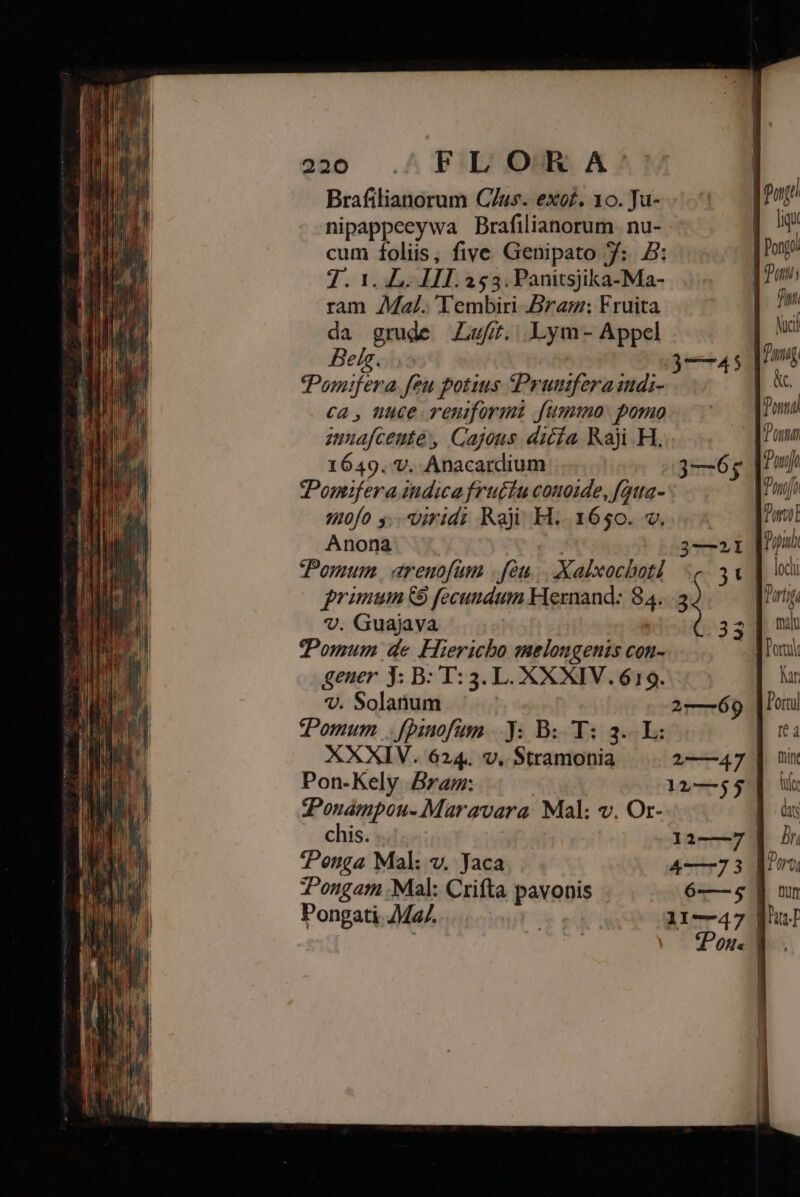 4500 .A P'L OUR A ^ Brafilianorum CZus. exof. 10. Ju- «^ | fugi nipappeeywa Brafilianorum. nu- liu cum foliis, five Genipato T: B: [hog 7. 1. L. III. 253. Panitsjika-Ma- d ram ZMal. Tembiri ra; Fruita fin. da grude Lf. Lym- Appel ag Belg... 3—45 | Pomtfera feu potius Prumferaindi- Mc. ca, nuce reniformi fummo.pomo. [Pra zuuafcenté, Cajons dicia Raji.H. T onu 1649. V. Anacardium 3—65 pul Pomifera indica fruttu conoide, fatta- P) 90fo y; virid; Raji H..1650. v, Torott Anona | j 3—21 | Papua Pomum arenofüm | fàu . Xalxocbot]. «e. 3x | primum Co fecuudum Hernand: 84...3 qti v. Guajava 1 3s n TPomum de FHiericho mmelougenis con- E or geuer j: B: T:3. L. XXXIV. 619. ! av V. Solanum | 2—69 | Portu tPomum ..[Dinofum |. J: Bi T: 3. LE: aT XXXIV. 624. v. Stramonia 243 | nix Pon-Kely Bram: | 12—55] u Ponampou- Maravara Mal: v. Or- | Us chis. | 12—7 | 7 Penga Mal: v. Jaca 4—73 [pro dongam Mal: Crifta pavonis 6—5 jun Pongati Ma. | Ar—47 hu d | TPon« 1