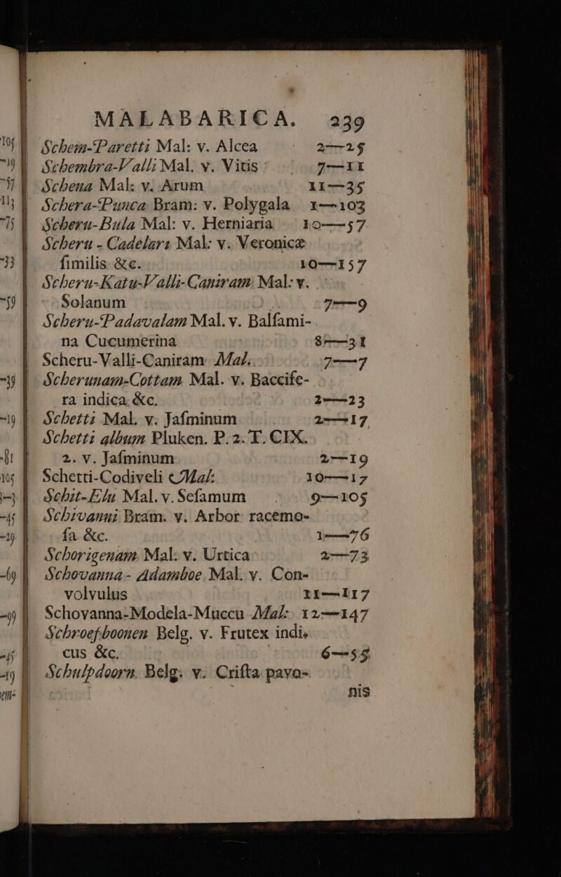 ] Ocbem-Parett; Mal: v. Alcea— ^ 225 9l Sebembra-Val Mal. v. Vitis: 7—xx Scbeuna Mal: v. Arum ! 11—235 | A:chera-fPunca Bram: v. Polygala |. 3— 103 | Seberu-Bula Mal: v. Herniaria — 10——57 | Scberu - Cadelarz Mal: v. Veronice fimilis. &amp;c. : 10—157 Seberu-Kata-lV'alli- Gamirami: Mal: v. Solanum m— Seberu-Padavalam Mal. v. Balfami- | na Cucumerina $—351 | Scheru-Valli-Caniram. Mal. 7—7 | écberunam-Cottam Mal. v. Baccife- ra indica. &amp;c. | 2—23 | ócbett; Mal. v. Jafminum 117. | Jebettz album Pluken. P. 2. T. CIX. | — 2. V. Jafminum 2—19 Schetti- Codiveli «42 10—17 $chit-E/u Mal. v. Sefamum 9—105 Scbzvauui Bram. v. Arbor. racemo- fa. &amp;c. l—76 Scborigenam. Mal. v. Urtica 2—73 Scbovanna- Adamboe Mal. v. Con- volvulus Il—II7 Schovanna-Modela-Muccu Ma: 12—147 Sebroef boonen Belg. v. Frutex indi. cus &amp;c. 6—55 Schuipdoorn. Belg. v. Crifta. pavo- nis