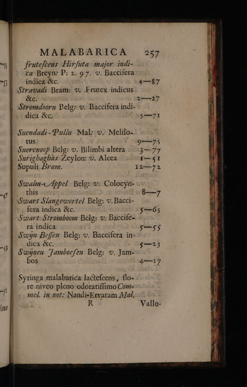 hu Ü PH! |j MALABARICA 237 / frutejceus .Hirfuta major. indi- ca Breyn: P: 2. 97. v. Baccifera indica &amp;c. 4—87 &amp;c. 21—227 dica &amp;c. jerry | ] | tus 9—75 | Suercuoop Belg: v. Bilimbi altera 3—77 | Surzgbagbas: Zeylon: v. Aleea ^ r—5t | Supuli 57a. 11—72 | this 8—7 | wart Slangexwortel Belg: v. Bacci- | fera indica &amp;c. $—6; | wart: Stroinboom Belg: v. Baccife- | raindica | $—5$ | wy» Beffen Belg: v. Baccifera in- dica &amp;c. $—23 Ówguen JTamboefen Belg: v. Jam- bos 4—17 -( (ms d | j Syringa malabarica lactefcens, flo- re niveo pleno odoratiffimo Cozz- el. in not: Nandi-Ervatam Md Vallo-