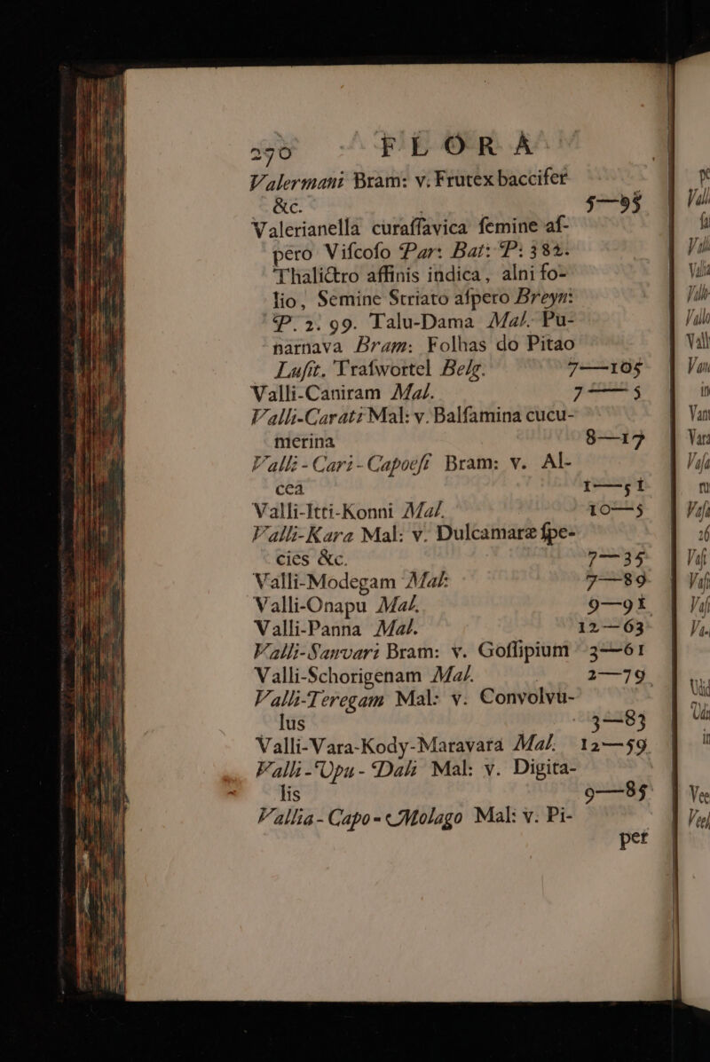 Valermani Bram: v; Frutex baccifet &amp;c. | Valerianella curaffavica femine af- pero: Vifcofo Par: Bat: P: 382. 'Thali&amp;ro affinis indica, alni fo- lio, Semine Striato afpero Breyr: Q.2.99. Talu-Dama 4Mz/. Pu- narnava Drag: Folhas do Pitao — Lufít. 'Vrafwortel Be/g. 7——10$ Valli-Caniram Mz. 7——3$ Valli-Garatz Mal: v. Balfamina cucu- merina 8—17 Vall - Cari- Capoefi Bram: v. AI- cea IE Valli-Itti-Konni A2. 10—$ Valli-Kara Mal: v: Dulcamarz fpe- cies &amp;c. 7—135 Valli-Modegam Ma 7—89 Valli-Onapu Mz. 9—91 Valli-Panna MZ. 12—63- Valli-Samvari Bram: v. Goffipium /|.3—61 Valli-Schorigenam Mz. | 2—39 Valli-Teregam Mal: v. Convolvü- ' - lus 03—83 Valli-Vara-Kody-Maravara Mz. 12—59 Falli -Opu- Dal Mal: v. Digita- lis 9—83 Falla - Capo - «Molago Mal: v. Pi- pet
