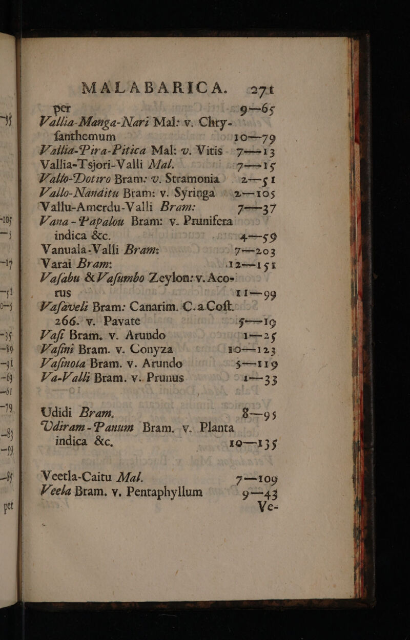 P 9—65 Valla Manbe-Nari Mal: v. Chty- fanthemum 10—79 JV'allia-Pira-Pitica Mal: v. Vitis. 7—413 Vallia-T'sjori- Valli Mz. 7—1$5 J'alto-Dotiro Bram: v. Stramonia ^ | 2—51 V'ailo- Nauditu Btam: v. Syringa. ^. 2—105 Vallu-Amerdu-Valli Bra: 7—237 Vana - Papalou Bram: v. Prunifera indica &amp;c. ! 4—59 Vanuala-Valli Bram: 7-—203 Varai Bram: 12-151 Vafabu &amp;V afumbo Zeylon: v. Aco- füS ^ I1—99 Vafavel: Bram: Canarim. C.a.Coft. 266. v. Pavate $—1IG Vafi Bram. v. Arundo 1—2$ J'afimi Bram. v. Conyza 210—123 V'afimota Bram. v. Arundo $—119 V a-V alli Bram. v.. Prunus 1—33 Udidi Bram. | 8—95 Ddmram -Pauuim Bram. v. Planta indica &amp;c, 190—135 CuS o 4 — LEELÓL—-— c RUNE — e o. -- —