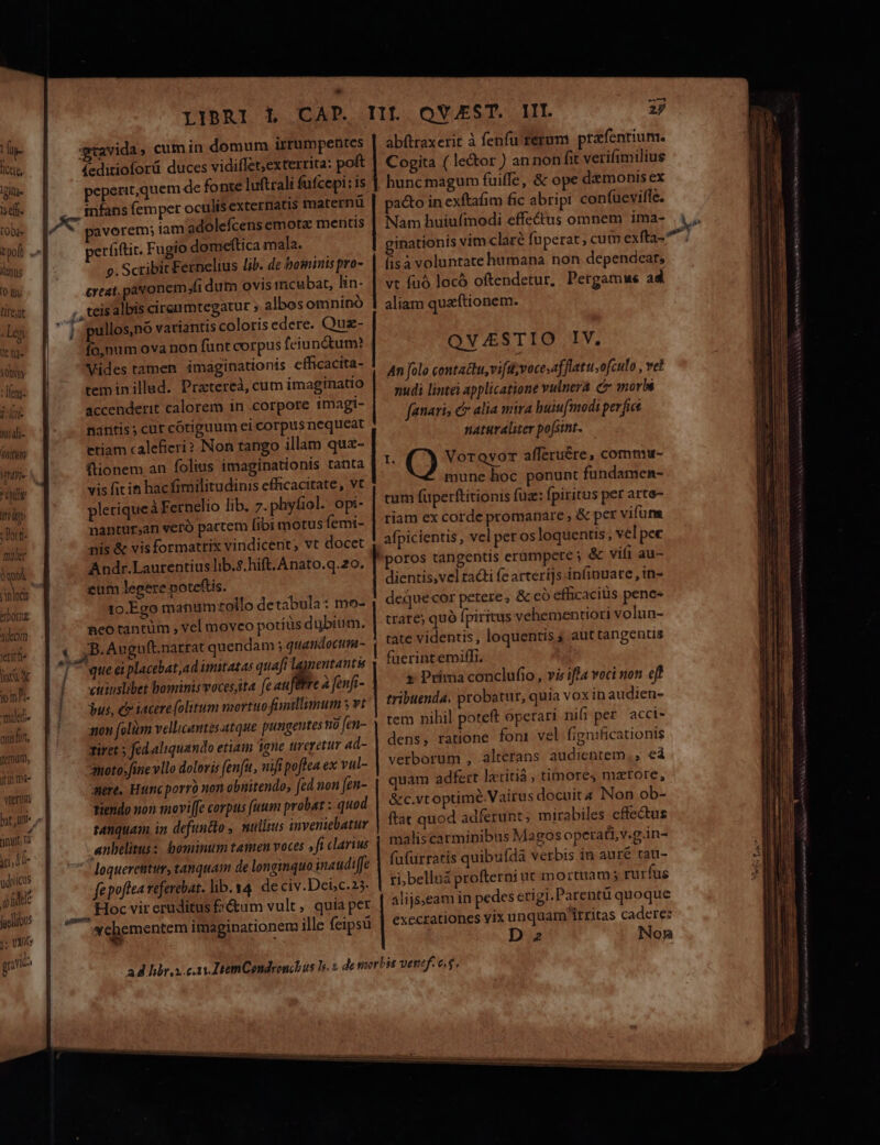 LIBRI L CAP. II QV.EST. III 3j abtraxerit à fenfu'Terum prafentium. Cogita ( le&amp;or ) annonfit verifimilius hunc magum fuiffe, &amp; ope damonis ex pacto in exftafim fic abript confuevifle. Nam huiufmodi effe&amp;us omnem ima- |. inationis vim claré fuperat ; cum exfta-^^ |. gravida, cumin domum irrumpentes ctl, feditioforü duces vidiflet,exterrita: poft pu. | peperit;quem de fonte luftrali fufcepi: is lseff- . $nfans femper oculisexternatis maternü e [^ avorem; iam adolefcens emota mentis KG 0 dc tiresut Lej t t 3000 : etg 1 Áté ni di- Quim die wir trito Dort: muet 0quel inlocis Ibotnz Ydecim vetítfe NM mh. maed onisfün, yerum, tin m- verum * UU (dde perhiftit. Fugio domeítica mala. p. Scribit Fernelius lib. dc bominis pro- crest, pavonem fidum ovis mcubat, lin- teis albis cireumtegatur ; albos omninó | pullos,nó variantis coloris edere. Quz- fo,num ova non funt corpus feiun&amp;tum? Vides tamem imaginationis efficacita- teminillud. Pratereà, cum imaginatio accenderit calorem 1n .corpore imagi- nantis; cur cótiguum ei corpus nequeat etiam caleficri? Non tango illam quz- (tionem an folius imaginationis tanta vis fitit hacfimilitudinis efficacitate, vt plerique Fernelio lib, 7. phyfiol. opi- nantür;an veró pactem [ibi motus Íemi- nis &amp; visformatrix vindicent; vt docet Andr.Laurentius lib.s.hift.Anato.q.20. eum legere poteftis. 10.Ego manum tollo detabula: mo- neo tantüm , vel moveo potiüs dubium. cuinslibet bominis vocesita feaufüire à fenfi- us, cr iacere folitum mortuo fanillimum y vt qon (olitm vellicentes-atque pungentesno fen- tiret 5 fed. aliquando etiam gne treretur 4d- amoto»fine vllo doloris fenfu, wifi poflea ex vul- aere, Hunc porro non obnitendo, (cd non [en- tiendo non movi[fe corpus (uum probat : quod tanquam in defuncto , ullius inveniebatur fepoflea referebat. lib. 14. de civ.Deic.25- Hoc vir eruditus fz&amp;tum vult, quia per fisà voluntate humana non dependeat, vt fuó locó oftendetur, Pergamue ad aliam quz(ftionem. QVA4STIO IV. An folo contattu,vifit;vocesaf flatu ofculo , vet nudi lintei applicatione vulnera c morbi fanaris cr alia mira huiufmodi perfici naturaliter po[sint. I. Q Vorayor afferuére, commu- mune hoc ponunt fundamen- tum füperftitionis fuz: fpiritus per arte- riam ex corde promanare , &amp; per vifuna afpicientis , vel peros loquentis, velpec poros tangentis erümpere ; &amp; vií1 au- dientis,veltacti fe arteríjs.in(inuare , in- dequecor petere; &amp; có efficaciüis pene« trare; quó fpiritus vehementiori volun- tate videntis, loquentis ; aut tangentis fuerint emiffi. 1 Prima conclufio, viz ifla voci non eft tribuenda. probatur, quia vox in audien- rem nihil poteft operari nili pet acci- dens, ratione foni vel fignificationis verborum , alterans audientem, , eá quam adfert latitiá , timores mzrore, &amp;c.vtoptime.Vairus docuit4 Non ob- ftat quod adferunt, mirabiles effectus maliscarminibus Magos operati, v.g.in- alijs;eam in pedes etigi.Parentü quoque execrationes vix unquam irritas cadere: D 2 Non SONO a am e IAN