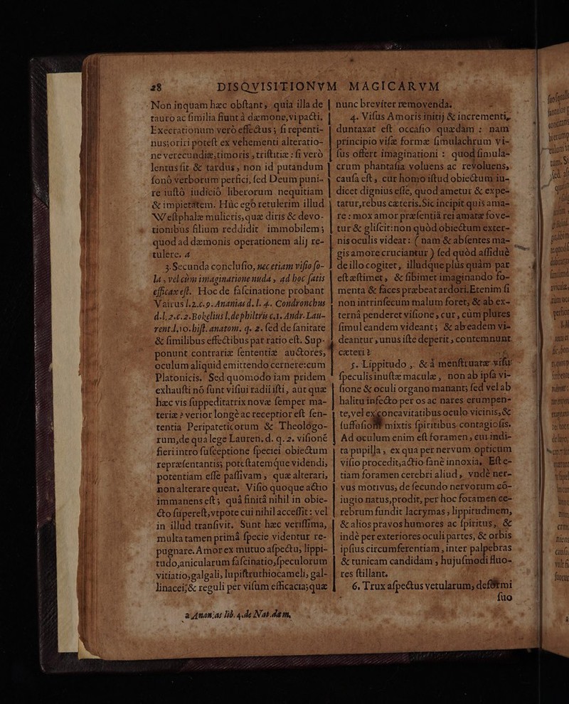 EN ASPERA OA NORIS CNET VSSERNNSGESS AN NOCÓNSNNAT TOY UNINENSS Sep NUM TIN —— À tauto ac fimilia fiuntà demone, vi pacti, | Exectationum vero effe&amp;tus ; fi repenti- nus;oriri poteft ex vehementi alteratio- ne verecundig;timoris ; triftitiz : fi veró lentus fit. &amp; tardus; non id putandum | fonó verborum perfici, fed Deum puni- re iuftó iudicio. liberorum nequitiam &amp; impietatem. Hüc ego retulerim illud NUeftphale mulictis, que ditis &amp; devo- uonibus filium reddidit immobilem; quod ad demonis operationem alij re- tulere. 4 3. Secunda conclufio, mecetiam vifto fo- la, veleim imaginatione nuda , ad boc fatis efficax efl. Hoc de fafcinatione probant Vairus 1.2.6.9. Ananias d. l. 4. Condroncbus d.l, 2. 2. Bohelius l.dephiltris c.v. Andr. Lau- rent.l,io.bifl. anatom. q. 2. fed de fanitate ponunt contratiz fententi$ auctores, oculum aliquid emittendo cernere:cum Platonicis. Sed quomodo iam pridem exhaufti nó funt vifiui radii ifti, aut que hac vis füppeditatrix nove femper ma- teri ? verior longé ac receptior eft fen- tentia Peripateticorum &amp; Theologo- rum,de qualege Lauren. d. q.2. vifioné fieriintro fuíceptione fpeciei obiectum reprzefentantis; potcftatemque videndi; nonalterarequeat, Vifio quoque actio immanens eft; quà finità nihil in obie- Co füperelt;vtpote cui nihil acceffit : vel in illad tranfivit. Sunt hzc veriffima, | multa tamen primà fpecie videntur re- pugnare. Amor ex mutuo afpectu, lippi- iudo,anicularum fafcinatio;fpeculorum vitiatio;galgali; lupiftruthiocameli, gal- linacei;&amp; reguli pet vifum efficacia;qua ananas lib. 4. de Nat.da m, nunc brevitet removenda.. z 4- Vifus Amoris inirij &amp; incrementi, principio vifz forme fimulachrum vi- fus offert imaginationi :. quod fimula- crum phantafia voluens ac revoluens; caufa eft, cur homo iftud obiectum 1u- dicet dignius effe, quod ametur &amp; expe- tatur,rebus czteris.Sic incipit quis ama- re : mox amor prafentiá rei amat fove- nisoculis videat: (/ nam &amp; abíentes ma- de illocogitet;. illudque plus quàm par eftaftimer, &amp; fibimet imaginando fo- nonintrinfecum malum foret; &amp; ab ex- (imuleandem videant; &amp; abeadem vi- deantur ,unus ifte deperit, contemnunt. $. Lippitudo , &amp; à menfttuatz vifu: fpeculisinuftz macule, nonab ipfavi- fione &amp; oculi organo manant; fed vel ab halitu infe&amp;o per osac nates erumpen- te,vel exgoncavitatibusoculo vicinis, &amp; (uda mixtis fpiritibus. contagiofis. Ad oculum enim eft foramen, eur indi- ta pupilla, ex qua pernervum opticum viio procedit;actio fane innoxia, Ette- tiam foramen cerebri aliud ,. vndé ner- vus motivus; de fecundo nervorum có- iugio natus,prodit, pcr hoc foramen ce- rebrum fundit lacrymas; lippitudinem, &amp; alios pravos humores ac fpiritus, &amp; indé per exteriores oculi partes, &amp; orbis ipfius circumferentiam , inter palpebras &amp; tunicam candidam ; hujufmodi fluo- res ftillant. 6. Trux afpe&amp;tus vetularum; Dove uo Ses WI * yat M yos d fic, bon fq p (ceti nint: firtrir tagium o: hatt h lalnen dE 1UpO; ^ cauia. vilrf fiori