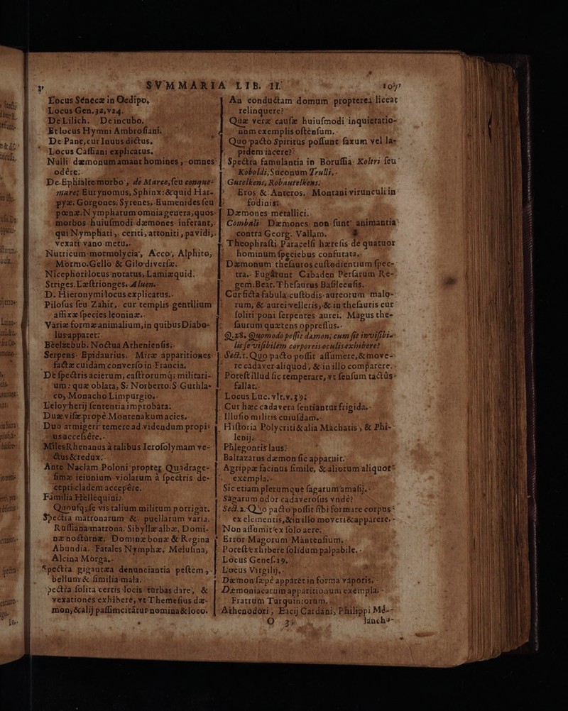 T0, à eh yatote jomtris mi, pro Éocus Sénecz in Oedipo, Locus Gen. 32, Y 24. DeLilich. Deincubo. Etlocus Hymni Ambrofiani. De Panc,cur Inuus dictus, Locus Caffiani explicarus. Nulli damonumamant homines ; omnes: odére:. De-Ephialtemorbo , de Marce;feu copque: miare; Eürynomus; Sphinx:&amp;quid Har- py: Gorgones; Syrenes, Bumenides (eu pona.N ympharumomniagenera;quos: morbos. huiufmodi. dx»:mones- iuferant;. qui N ymphati . ceriti, attoniti , pavidi; vexati vano metu.. Nutricum*mormolycia,. AÁcco; Alphito; Mormo.Gello'&amp; Gilo:diver(z. Nicephorilócus notatus; Lamia quid. Striges.Laftrionges. M Inen.- D. Hieronymilocus explicatus.. Pilofus feu. Zahir,. cur templis gentilium affixa fpecies leoninz.. Váriz.formz.animalium;in quibusDiabo- lüsapparet:. Beelzebub. Noctuá Athenienfis.. Serpens: Epidaurius. Mira apparitiomes: factz cuidam converío in Francia. Dt fpeárisacierum; cafttorumQ; militari- um:quz oblata, $; Norberto. Guthla- co; :Monacho Limpurgio,. Leloyherij fententia improbàáta: Dugz vifzpropé.Montenakum acies. Duo do Pls ad videndum propi: usaccefsére.. MilesRhenanus à talibus Ierofolymam ve- &amp;us&amp;redux:. Ante Naclam Poloni propter Quadrage- fimz ieiunium violatum à fpcctris: de- cepticladem accepéie. Familia Hellequini; Abundia.-Fatales Nympha, Melufina, Alcina Mórga.- Spectra pigaunraa denunciantia: peftem ;. bellum &amp; fimilia mala. '»ectía folita certís locis tarbas dare; &amp; vexationes exhibere, vt/Themefius dz- EI An condüctam domum propterea liceat relinquere? Qua verz caufie huiufmodi inquietatio- nnm exemplis ofténfum. . üo'pacto Spiritus poffunt faxum vel la- ptdem iacere?: $pe&amp;tta famulantia in Boruffia: Ko/tr: feu' Koboldi;Suconum Zzulli,- Gutélkens, Robautelkens: Eros &amp;:Anteros.. Montani virunculi in fodinist. Dztmones: merallici. Combali: Dzmones: non: funt? animantia contra Georg. Vallam. $ ; Theophrafti, Paracelfi hzreíis de quatuor hominum fpeciebus confurata,: D&amp;monum thefauros cuftedientium fpec- tta.- Fugátünt Cabaden Pér(íarum Re- em;Beat. T hefaurus Bafilceufis. Curficta fabula.cuftodis.aureorum malo- |o rum; &amp;.aurervelleris;-&amp; in tliefauris cur foliti'poni ferpenres aurei. Mágus the- | faurum quzrens oppreflus.- Q.28. Quomodo pe[fit damon; cum fit imoifiti- Iis fe voifibilem corporeisoculisexbibere? Locus Luc. vlt.v.35; . Cur hzc cadavera fentiantur frigida. - Illufio milicis cniufdam.- , Hiftoria Polycriti&amp;alia Machatis ; &amp; Phi-- lenij: | Phlegontislaus: . . Baltazátus demon fic apparuit. Agrippa facinus fimile, &amp;aliorum aliquot exempla.- Sic etiam plerumque fagarumamafij. - Sácarum odor cadavero(us vnde? | Error Magorum Màntenfium. Potceftexhibere folidum palpabile. . Locus Gencf.19, Locus Virgilij,- D&amp;inonfzpé apparét in forma váporis, Dzmoniacarum appáritioaum exéimpla: - .. Fratrum Tarquin:orüm, Athenodori; FEacij Catdáni, Philippi Mé-- O 23; lanch»- ANNIS Ro noe at