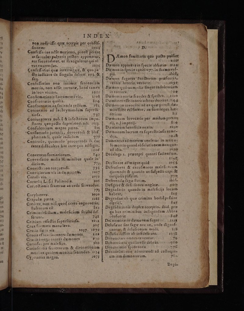 ton 2udiviffe que accepit per copféf- Confcífarius adfit morienti, poteft petere ut facculus pulveris pe&amp;ori apponatur, aut füccendatur, ut flranguletur qui vi vusexurendus. 1006 Confeffarius quz interrogare, &amp; quo pa &amp;o iudicare de fingulis debeat. 993. &amp; feq. Confeffarius non intimet fententiam mortis, non adfit corturz, boné camen inloco vicino, 100; Confirmationis Sacramenti vis; 1708 GConfrontatio qualis. $04. Confronratio.anfacienda teflium. ^ 781 Coniuratio ad lachrymandum fupertti- tiofa. 737 Coniuratores nub.G &amp; infectorum impo- ftores quo pacto deprebendcndi. 1053. Confulentium magos poena. 816 phemahdi, quu. indicium 479 Contritio, quomodo procuranda 1b, cur canta difficultas hac inrequo adfagas, lóbé Conventusfortiariorum. 840 Converfario malis Hominibus quale in dicium. 775 Convi&amp;i non torquendi. 793 Convitiorum vis ia da monctü. 1017 Coralli vis. 1059 Cornelij Lofzi Palinodia, 908 Corie&amp;tionis fracernz an ordo fervandus. 773 Corybantes. 1050 Crapulz f poena. 1088 Credere, non nifi,quod certo cognoveris; ftulco1um eft 862 Crimendcli&amp;um , maleficium ftricte dif- ferunt, 74* Crinium refe&amp;io fuperftitiofa. Y922 Crux formata manuleva. 9of Crucis figni vis. 1037. 1079 Crucis efücaciacontra demones. ii12 Crucisimago contéa demones $20 Curiofu: pro malefico. $00 Curiofitstis fecretorum. &amp; divinationum mo;bus quidem monitis fanandus. 1154 | puc [j^^ familiafi$ quo patto pulfus 1119 Dion apparensin fpecie abbatis 11245 D&amp;mon in fpecie cgnisio77.im forma vul- pij. 77 ibid; ! Dimon fugatis 'SanGiorüm pratfentia,. verbis. htteris; verbere: 1091 Dxmon quibus. modis fingat indolentiam iti tortura. 794 Dzmonisvariz fraudes &amp; fpectra. «1120 Damoneseíffecontraatheosdocetur.ta.4 pub bd eie d: eà qua potett daz. on fcire velfadére,; an fortilegus bae reticus 81 Daemonum invocatio per modum precaa4 rij; v.limperij: 84 Dzmonoum beneficia noxia: 1030: Dzinonumlucrum ex fuperftitiofis reme- diJ$, IOZ 3.2 Damnpatusad mortem cenfetur io articu- lo mortis quoddaqee utionem non quo- ad alia. 1010 Decalogri. praecepti quanti faciendum. n It4$ Declinare ad màgos quid 10 $.3. Defepnfores &amp; excufatores maleficoium quomodo &amp; quando ut fufpe&amp;ti capi ge torqueri posit. 770 Deferenda faga ftatim, ibid. Defigere &amp; defi: jones magie. 900 Degra datio quando in maleficijs locum. habeat, 815 Degradari ob quz crimina bodilpofainc clerici. 845 Degtadationis duplex acceptio. i ibid. pro qu bus cri iminibus infligendam Abbas cenfuerie 846 Dei nominacio dzemotem fugat 1123 Delufzene fint fagz nec ne, unde dignof- cantur; x delufidub t modi: $58 D:lufio differt ab infidelicate. 1038 Denunciare omnestenentur. ^os. Dehuotiatto qüalis effe debeát. 73e Denuntiatio Ípopranea. 275 Denantiati non admiccendi ad. coltaqui- um iam damnatorum. 78x.