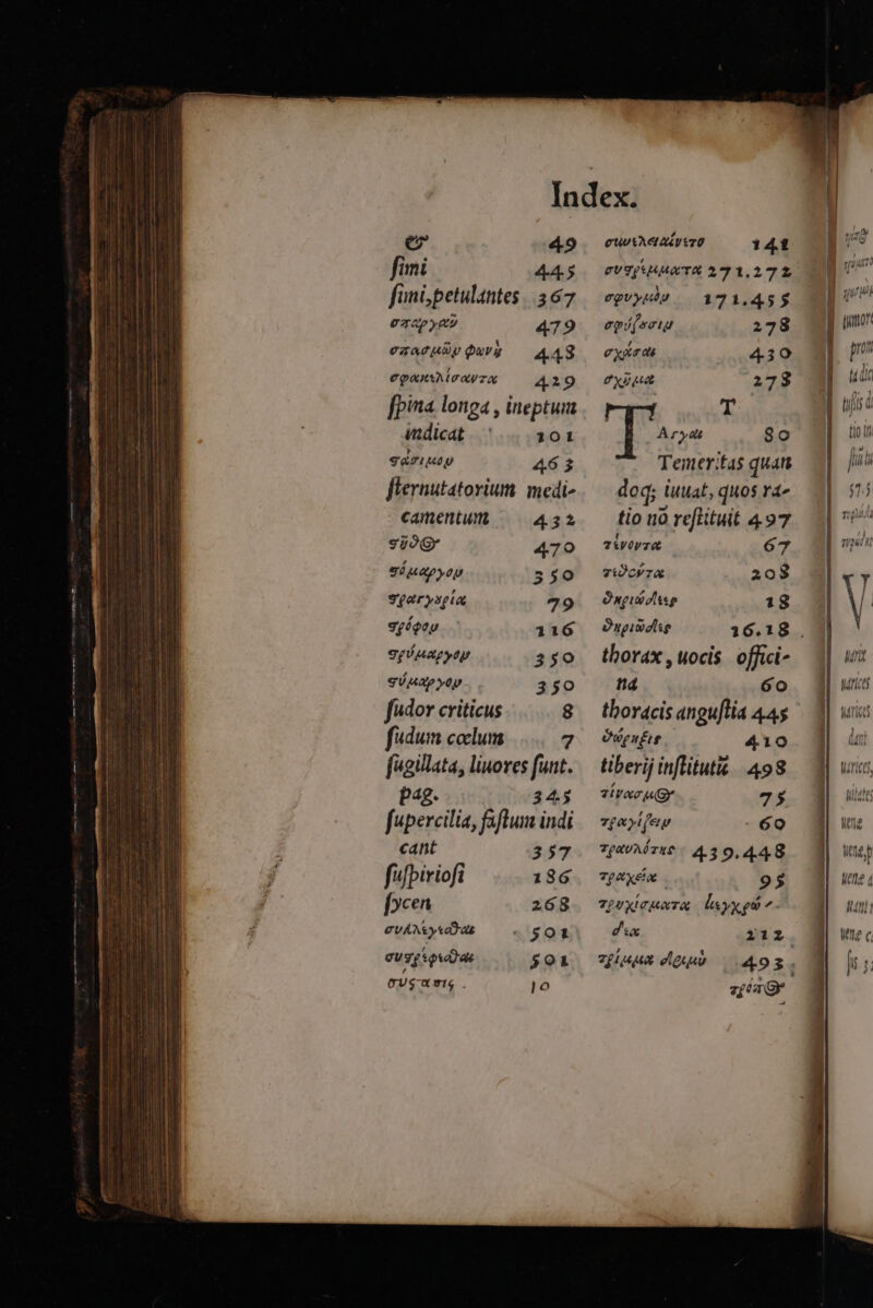 e 49 fimi 445 finüpetulantes | 567 UTAp UU 479 ezacbp ura — AAS CoaxuxM roa 429 [pina longa , ineptum indicat 101 Sari p 46 $ flernutatorvium. medi- camentum ^ 432 suo 470 S napyty 350 Sparyspia 79 ggéqop 116 gp Map yt 350 Sgéuap yep 350 fwdor criticus 8 fudum coclum 7 f«gillata, linores funt. pag. 345 fupercilia, faflum indi cant 357 fufbiriofi 186 f[ycen 268 CUÁM y&amp;aD as * 501 evggsovadae 591 cvs t6. 1o CUUAALAAD TO 141 cVTyBUATE 371.272 egvyuly 171.455 egpá teo 27 8 exoxsa 430 CXxzu 27 g T TA » So Teineritas quan doq; iuuat, quos ra^ tio nà reftituit 497 TiwWÜVTe 67 viÓcrrx 208 Ong [E Oygiueleg 16.18 , thorax , uocis. offici- fid 6o thoracis anguflia 44s Óvpu£ig | 4109 tiberij inflitutit/. 498 zivAc «(gr 7: | 60 7paoMzu 430,448 Tpaxéi 95 TpyxteueTa- lnyy guo dux zfhusenn oleum 74) (et 7Í da 9r —— M — raura [/4,
